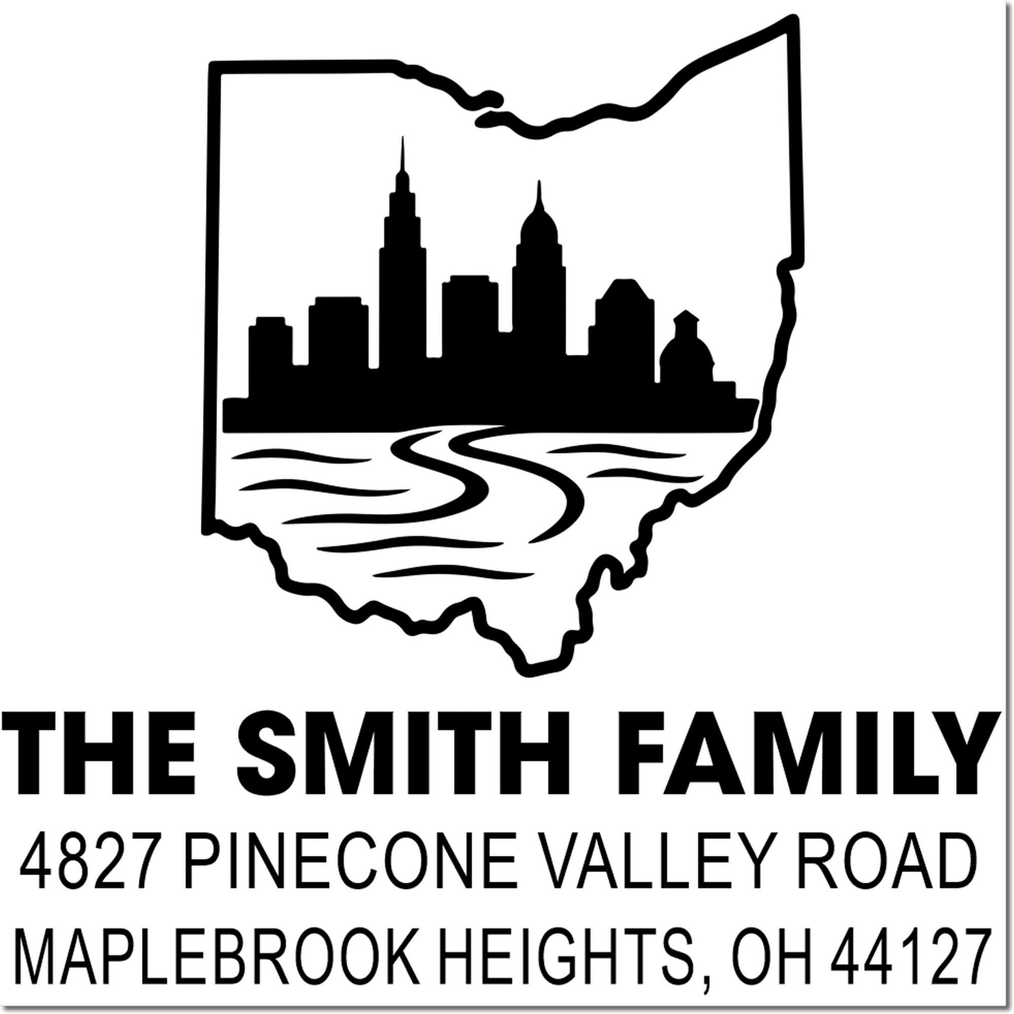 Custom Ohio return address rubber stamp for The Smith Family, with skyline design and Maplebrook Heights, OH 44127.