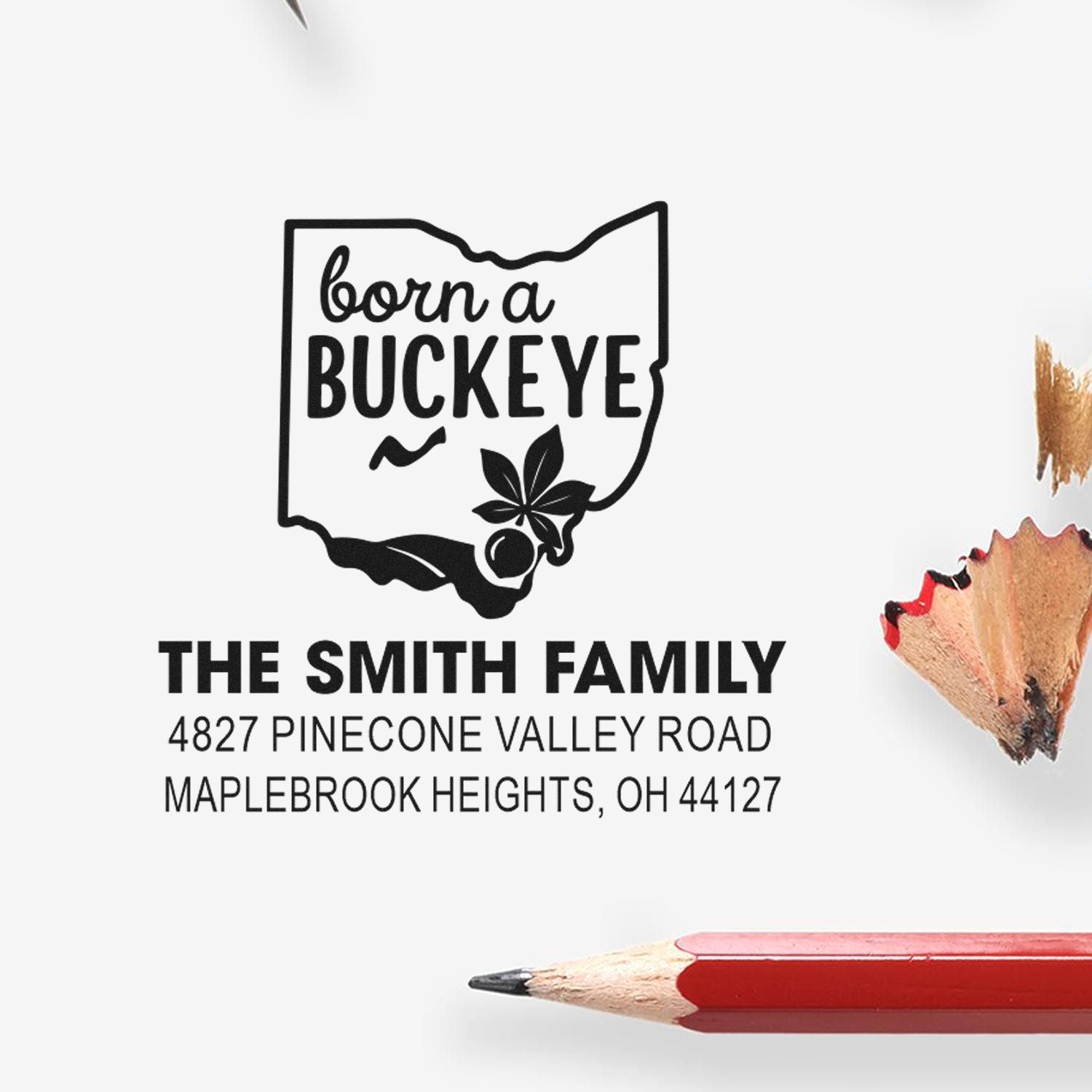 Custom Ohio return address rubber stamp for the Smith family with born a Buckeye design and full mailing address.