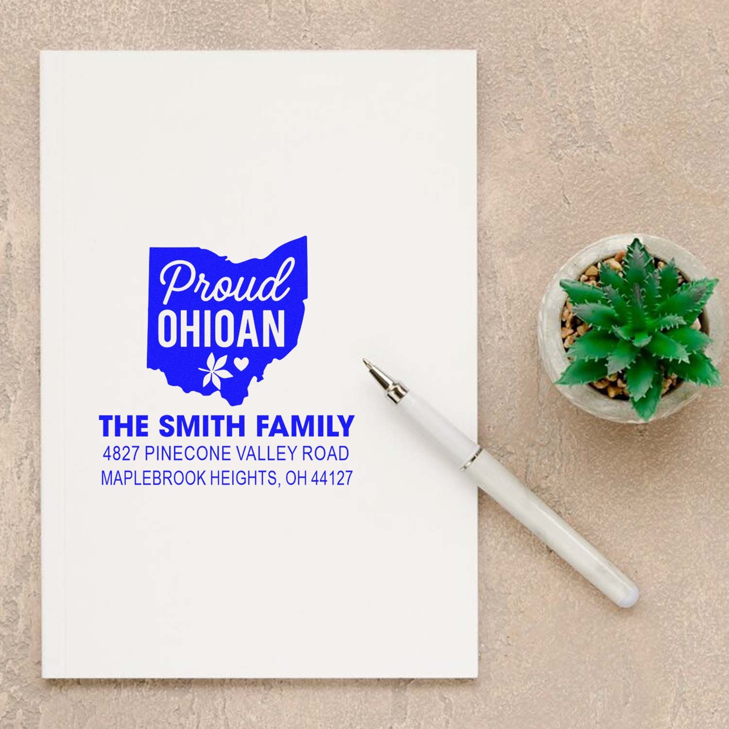 Custom Ohio return address rubber stamp with Proud Ohioan design for personalized family mail and stationery.