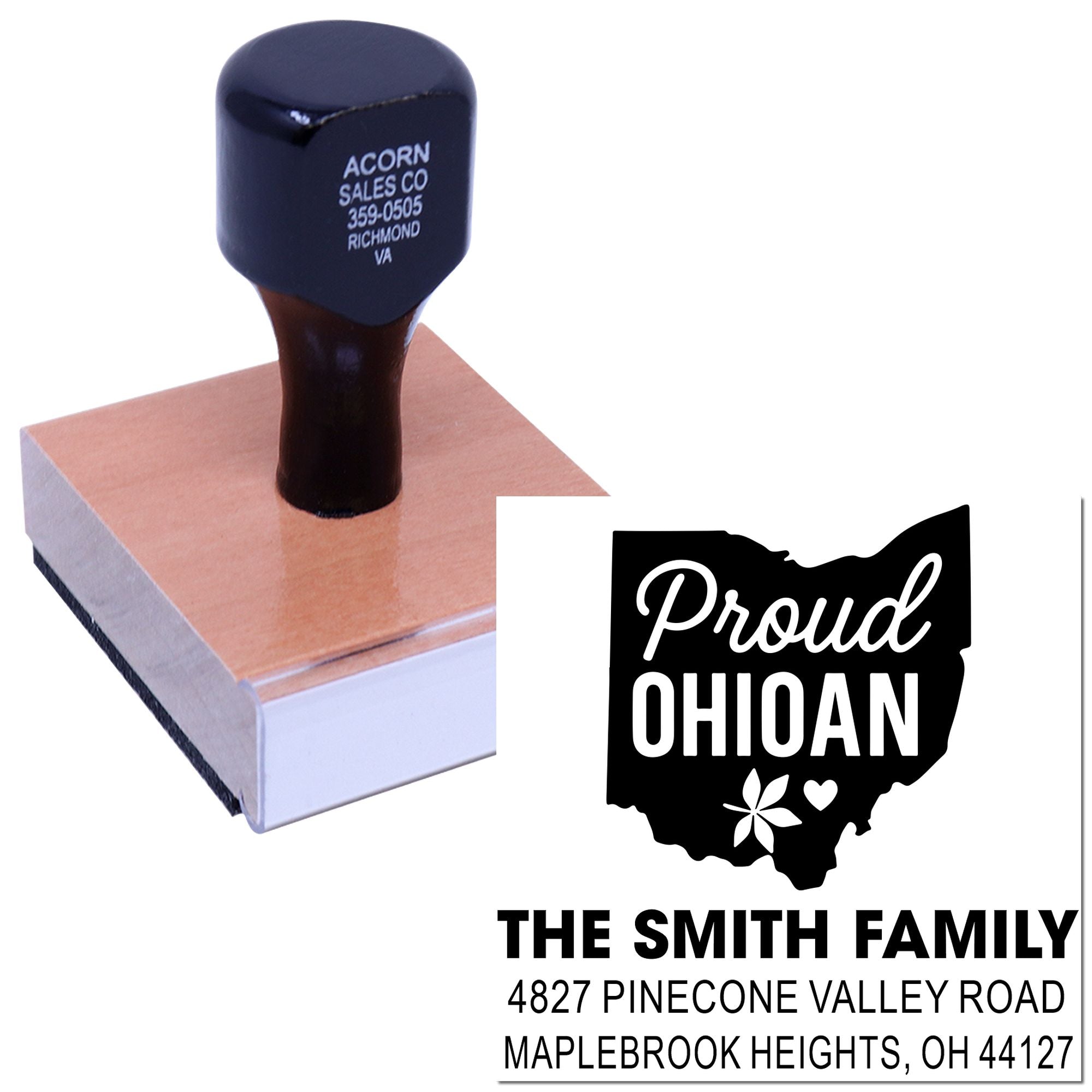 Custom rubber stamp for Ohio families, featuring Proud Ohioan design and personalized address for mail, cards, and stationery.
