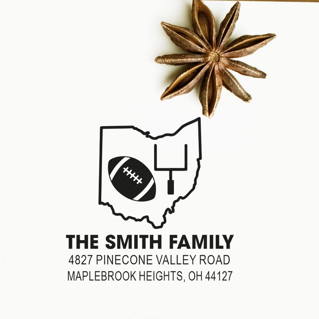 Custom rubber address stamp for The Smith Family with Ohio football design, ideal for personalized mail and family stationery.
