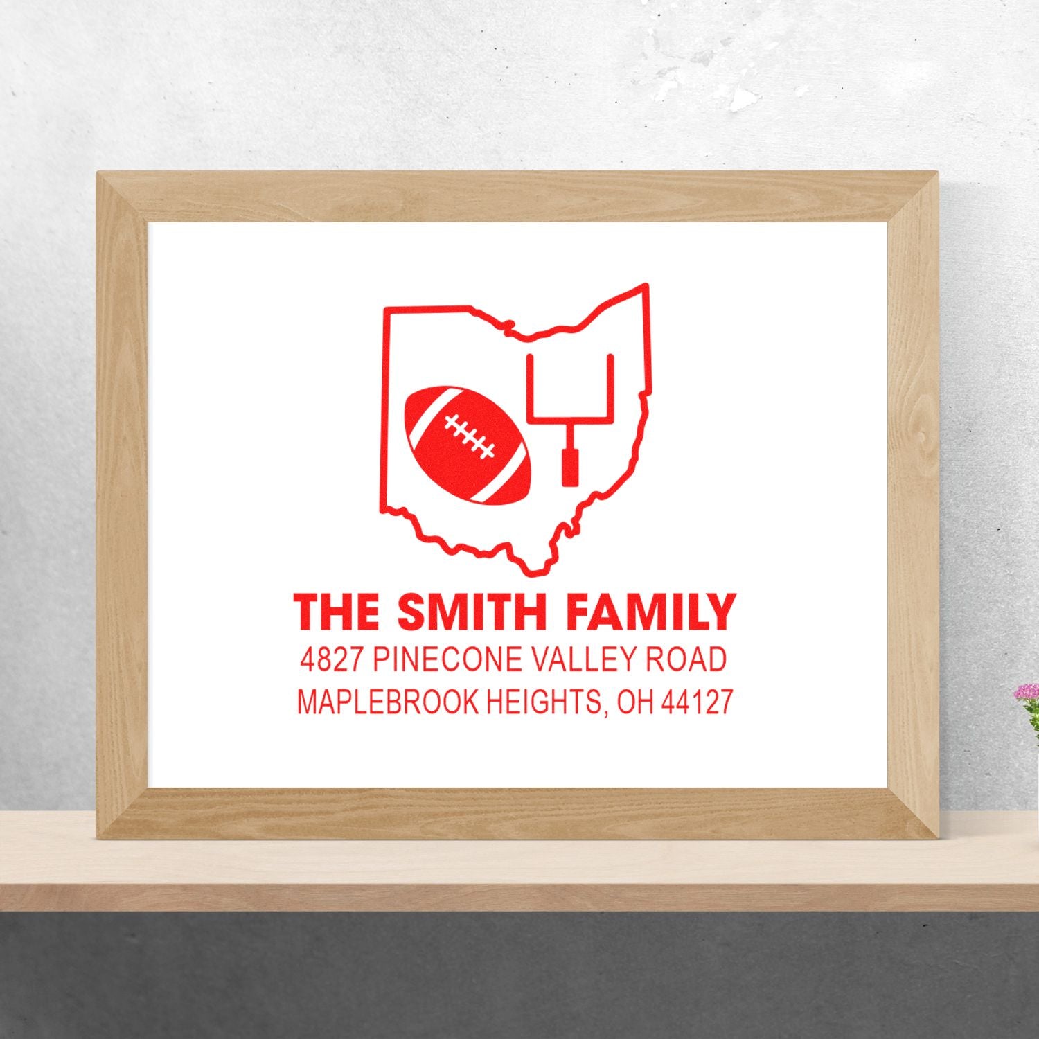 Personalized Ohio return address rubber stamp with football design for The Smith Family.