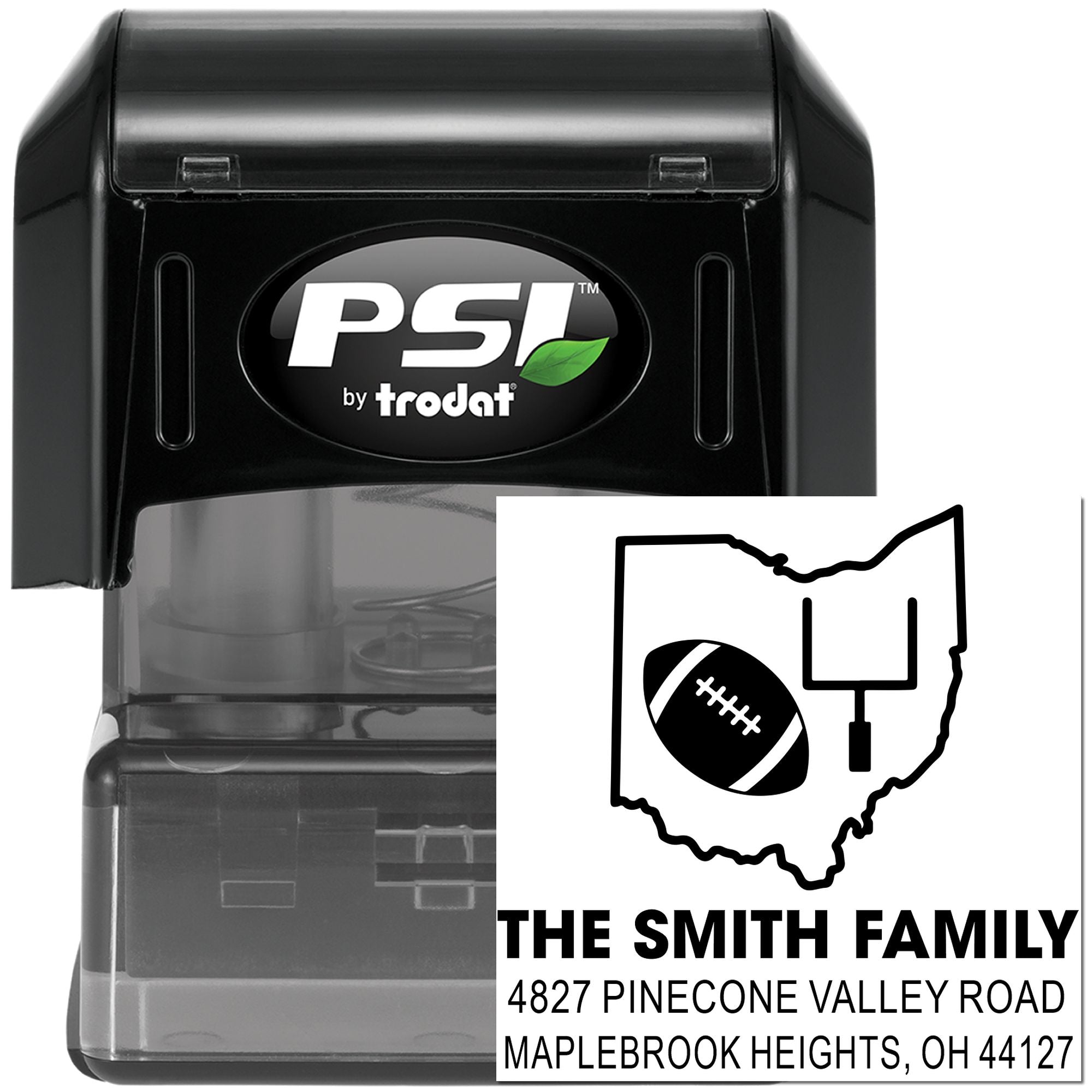 Custom self-inking address stamp for The Smith Family, featuring an Ohio football design and full return address.