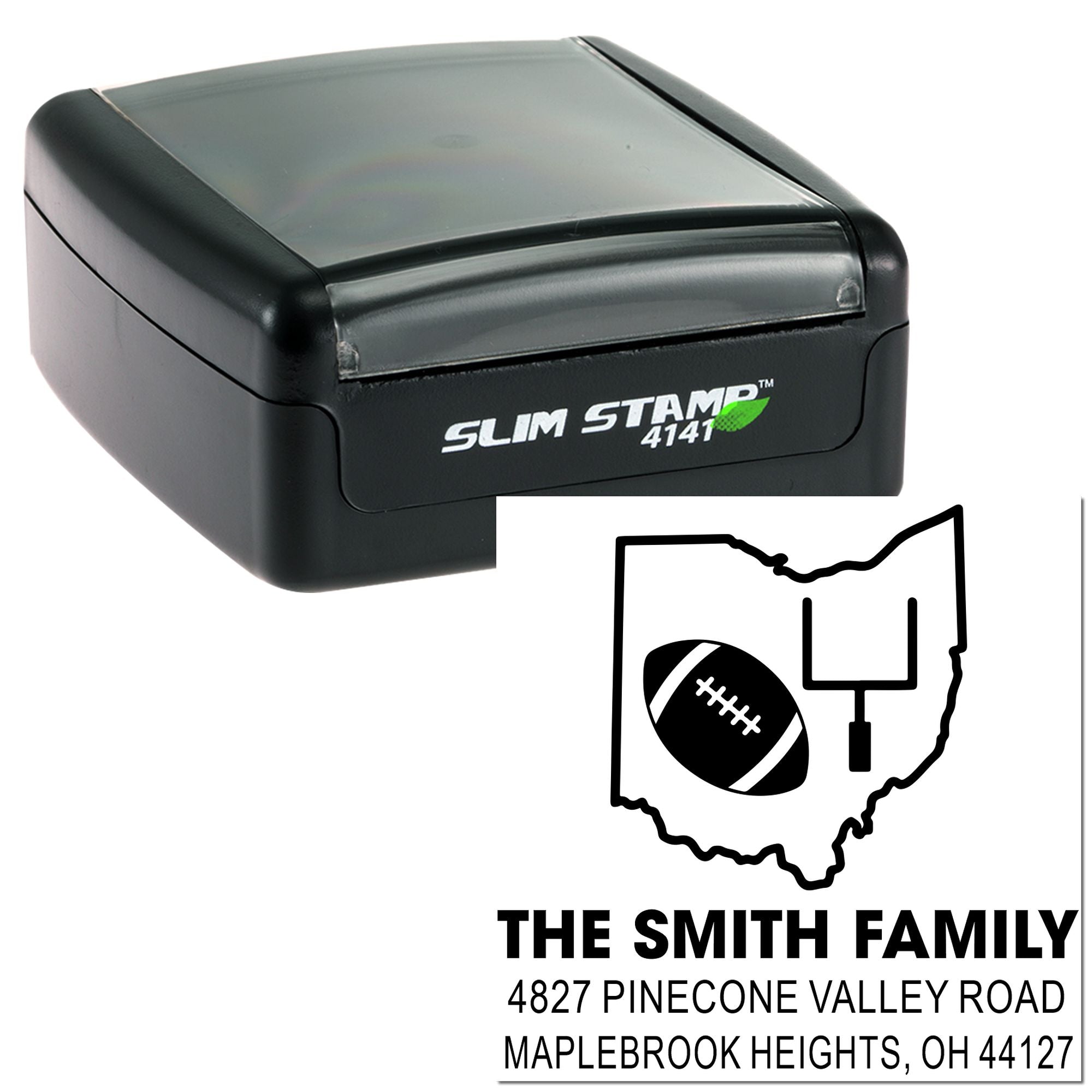 Custom self-inking Ohio family address rubber stamp with football logo for personalized return mailing.