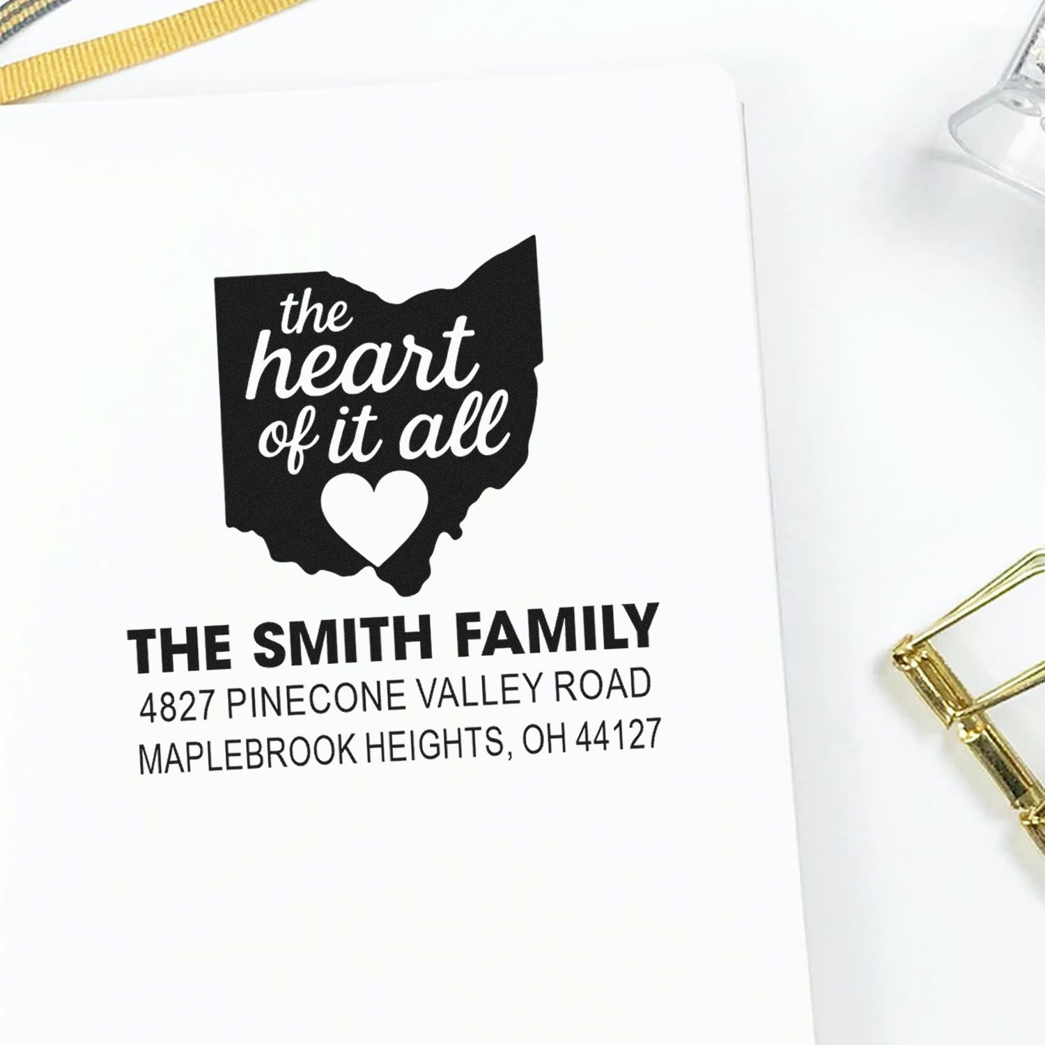 Personalized return address rubber stamp with Ohio heart design for The Smith Family, Maplebrook Heights, OH.