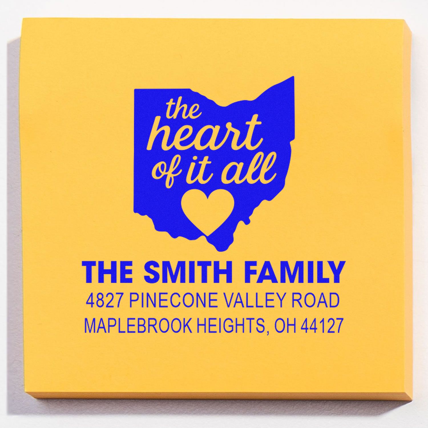 Custom Ohio return address rubber stamp with family name, house address, and the heart of it all design.