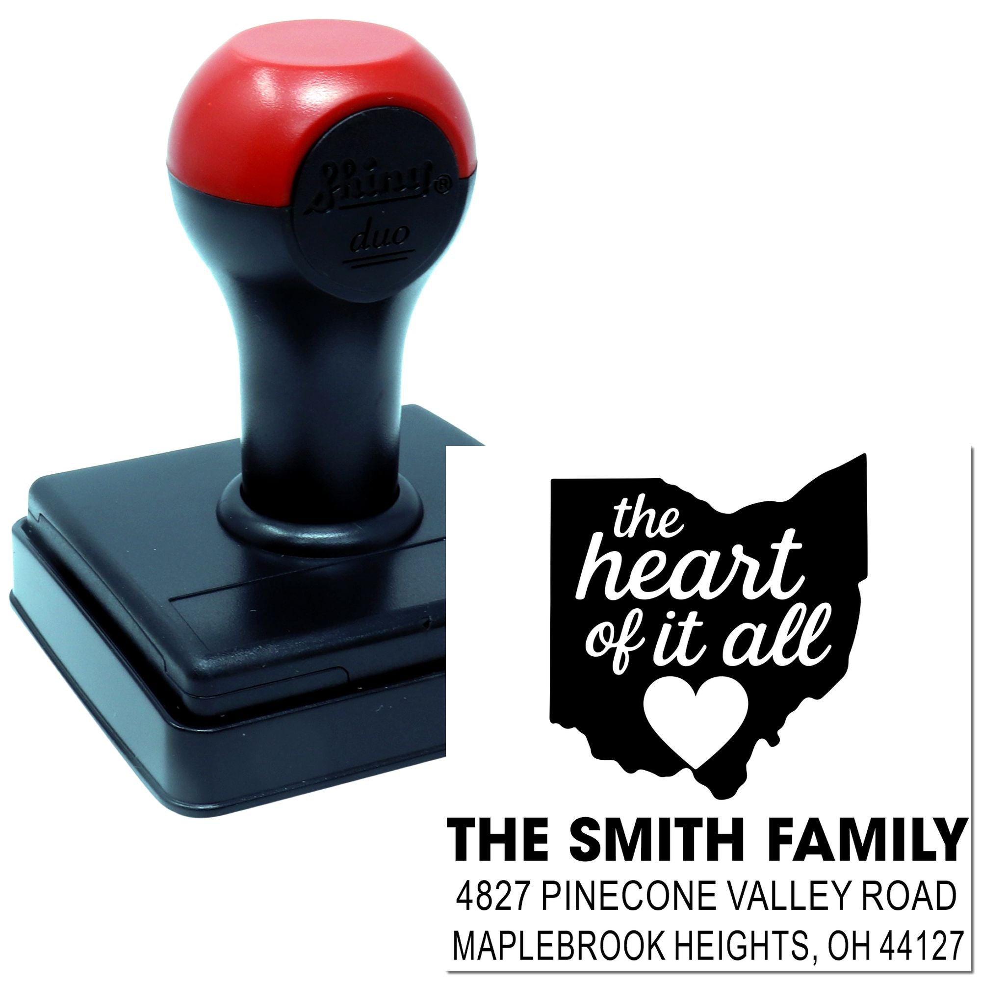 Custom Ohio return address self-inking rubber stamp for The Smith Family with the heart of it all design.
