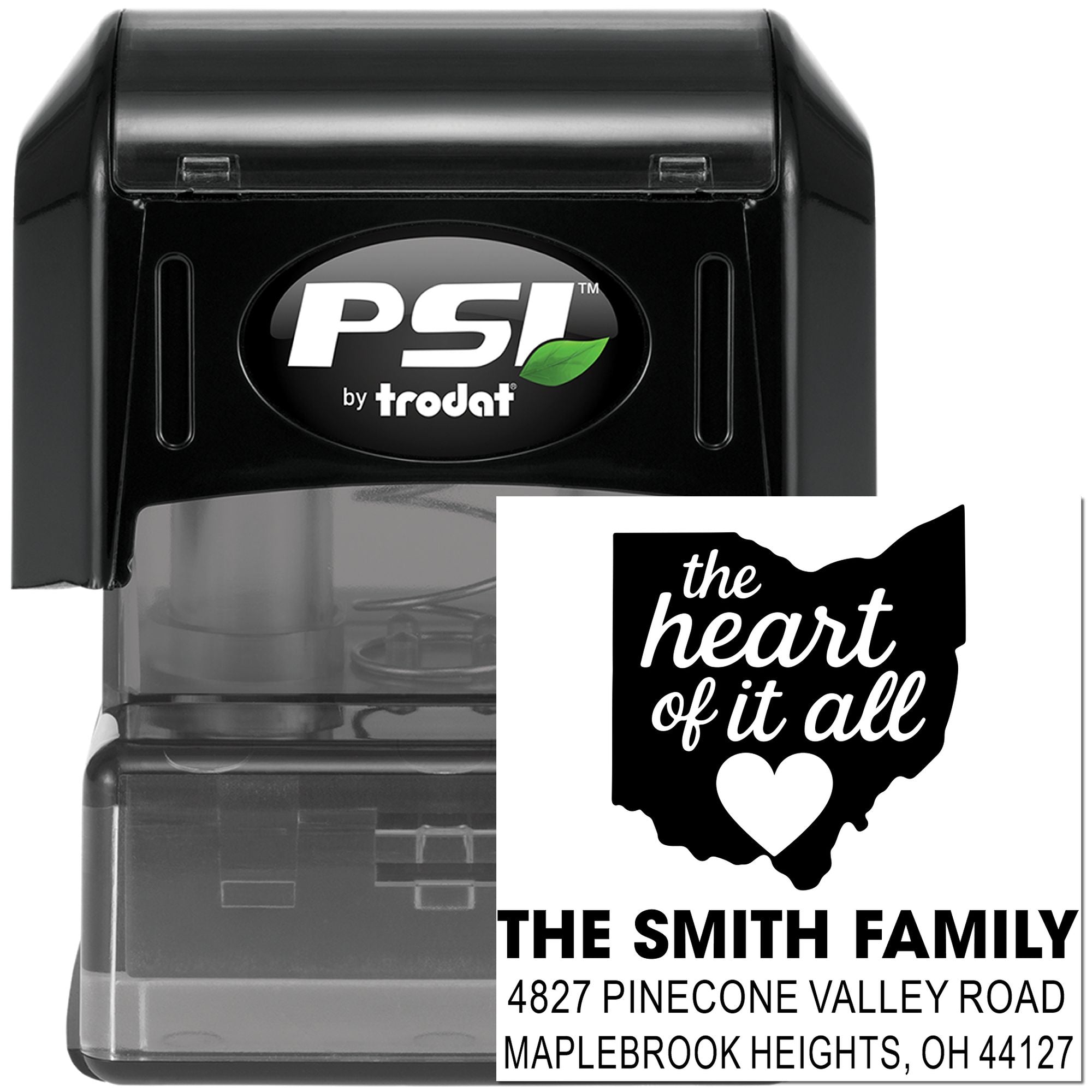 Custom PSI by Trodat self-inking rubber stamp with Ohio heart return address design for The Smith Family.
