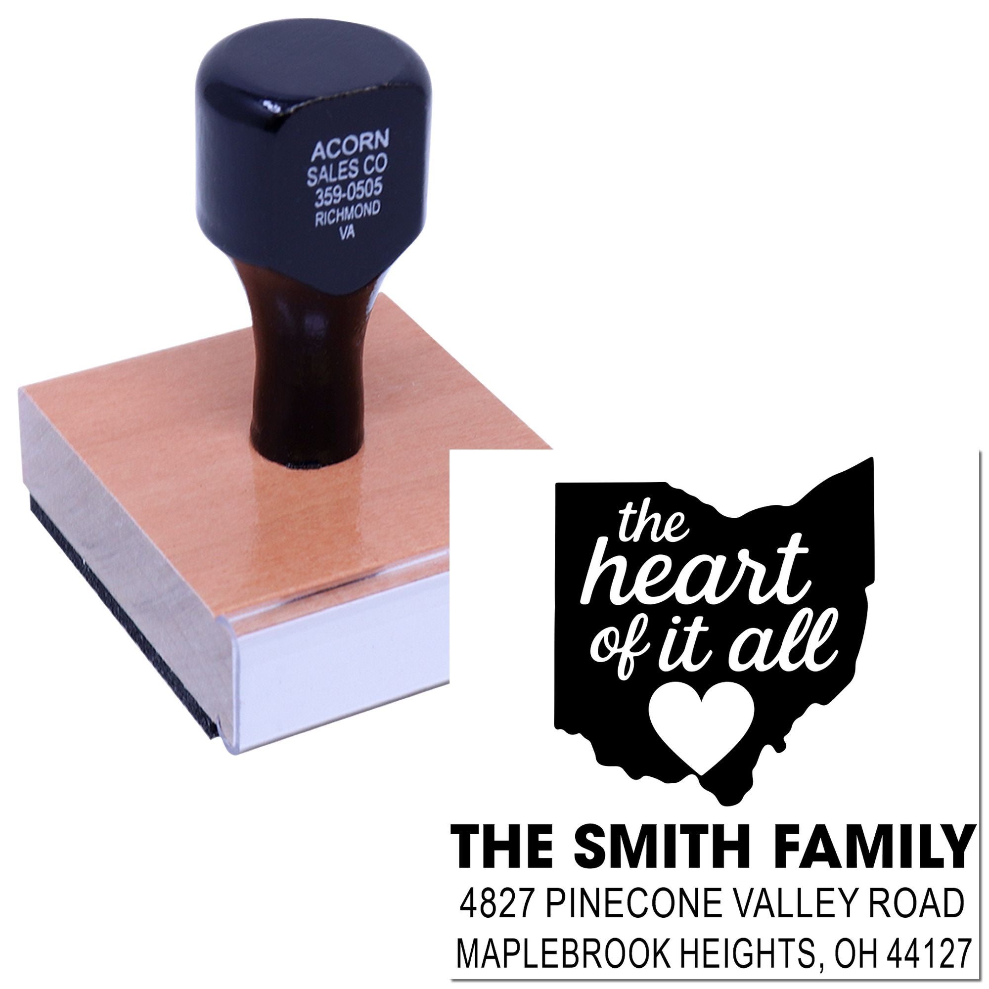 Custom Ohio return address rubber stamp with the heart of it all family design and personalized address imprint