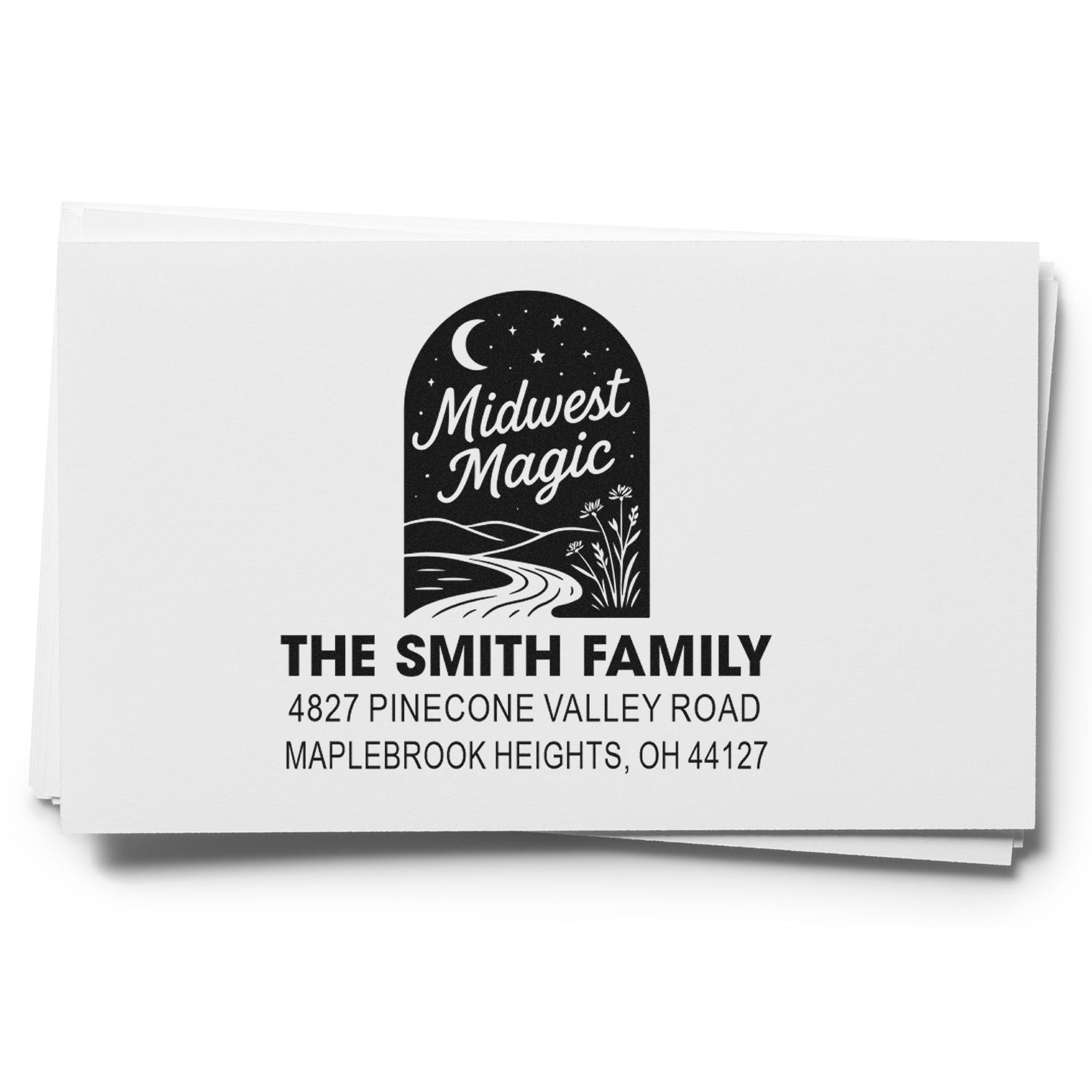 Personalized Midwest Magic return address rubber stamp for The Smith Family, with custom address and scenic night design.