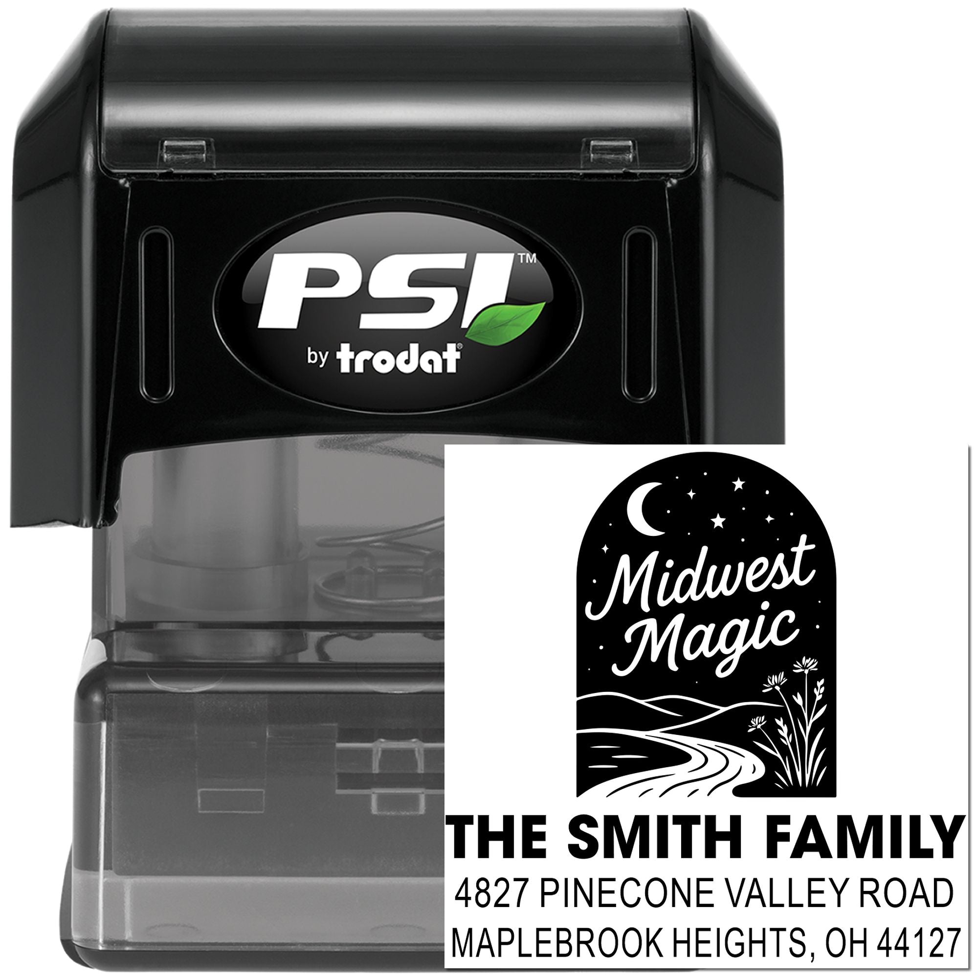 PSI by Trodat custom self-inking rubber stamp with Midwest Magic family address design for personalized mailing.