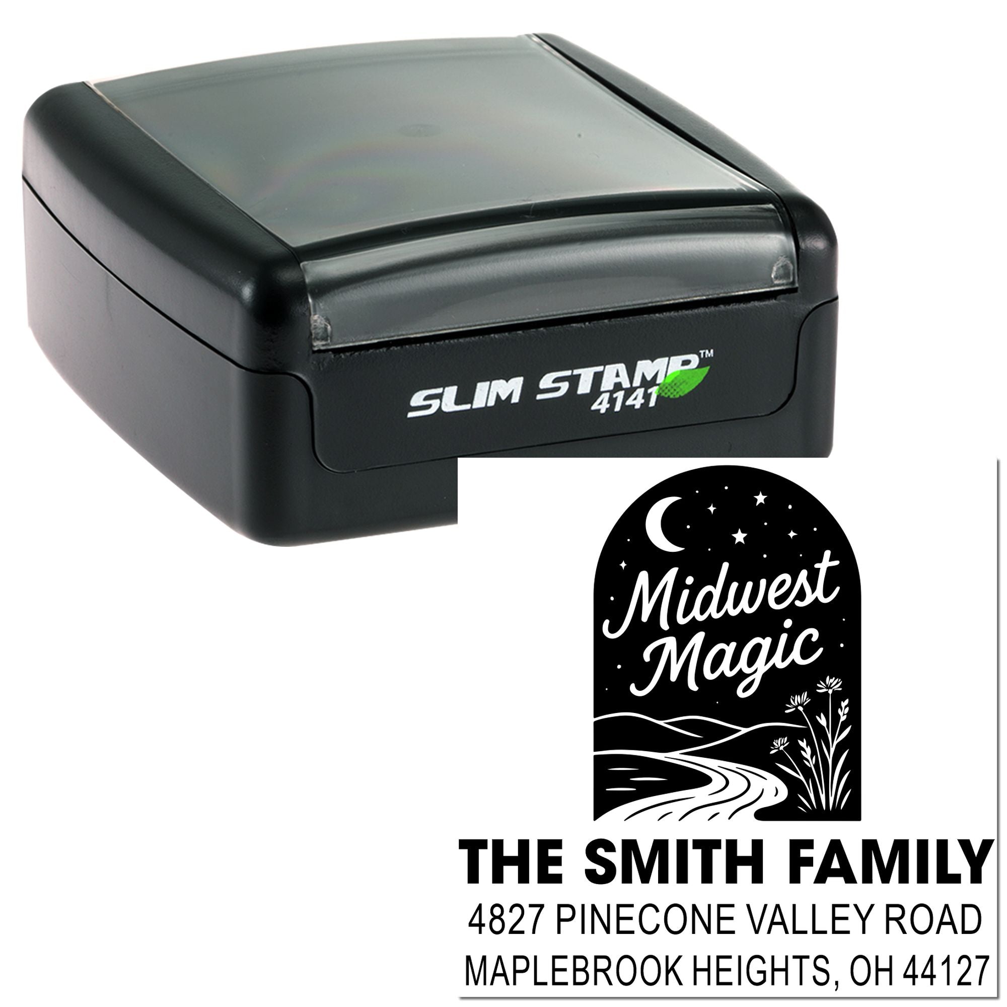 Slim Stamp 4141 custom address rubber stamp with Midwest Magic return address design for The Smith Family, Maplebrook Heights, OH.