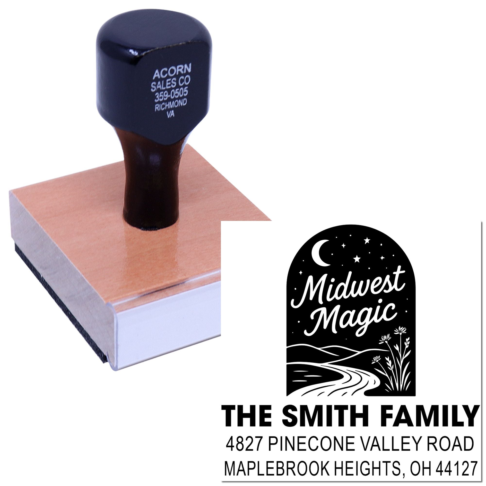 Personalized rubber return address stamp with Midwest Magic design for The Smith Family home mailing labels