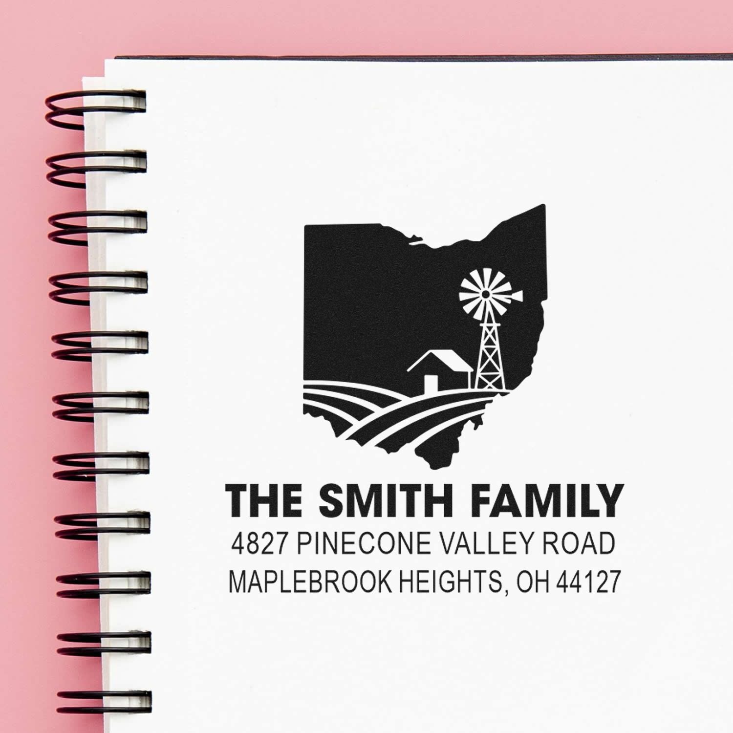 Custom family address rubber stamp with Ohio farm logo for The Smith Family, Maplebrook Heights, OH.