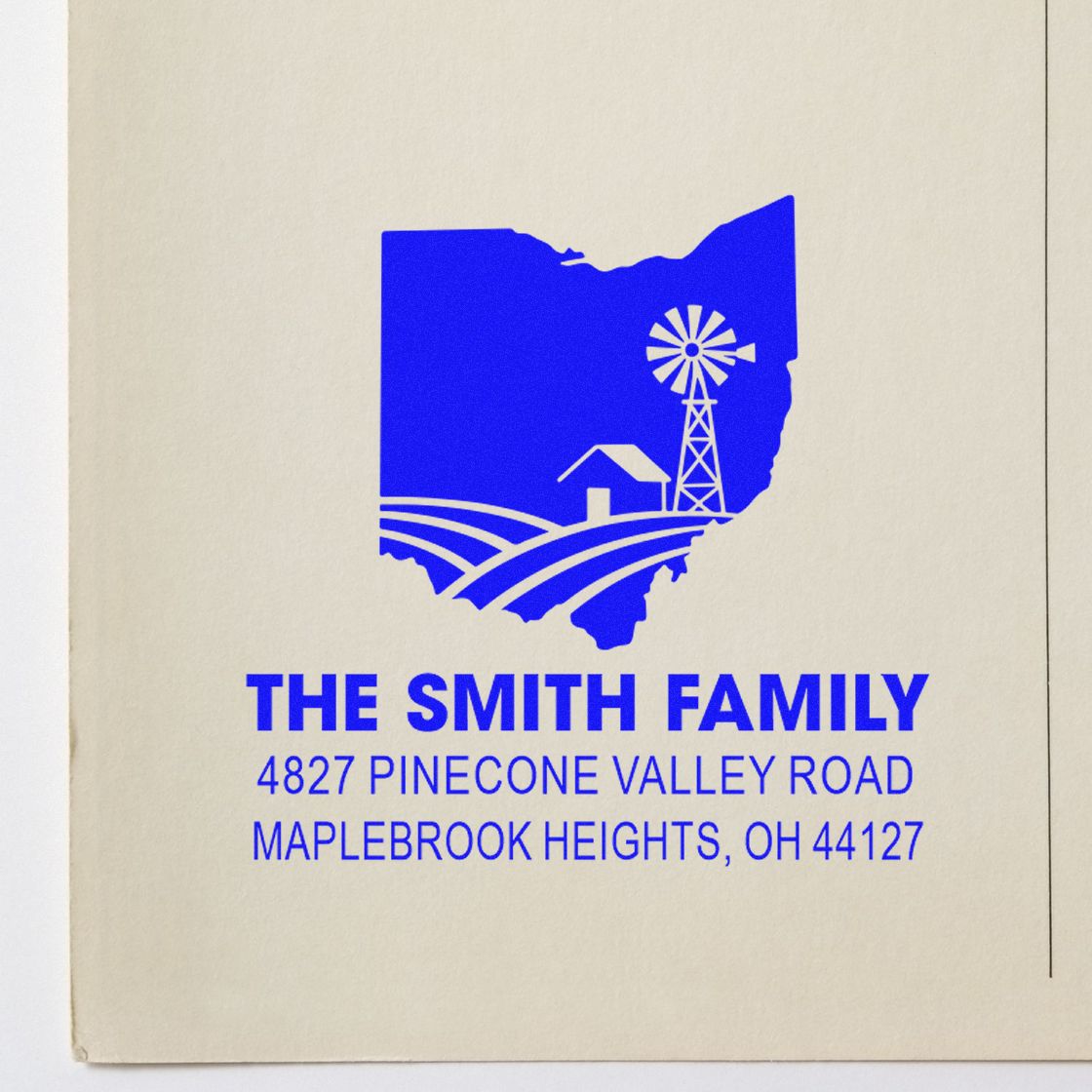 Custom Ohio return address rubber stamp for The Smith Family, featuring a farm windmill logo and Maplebrook Heights address.