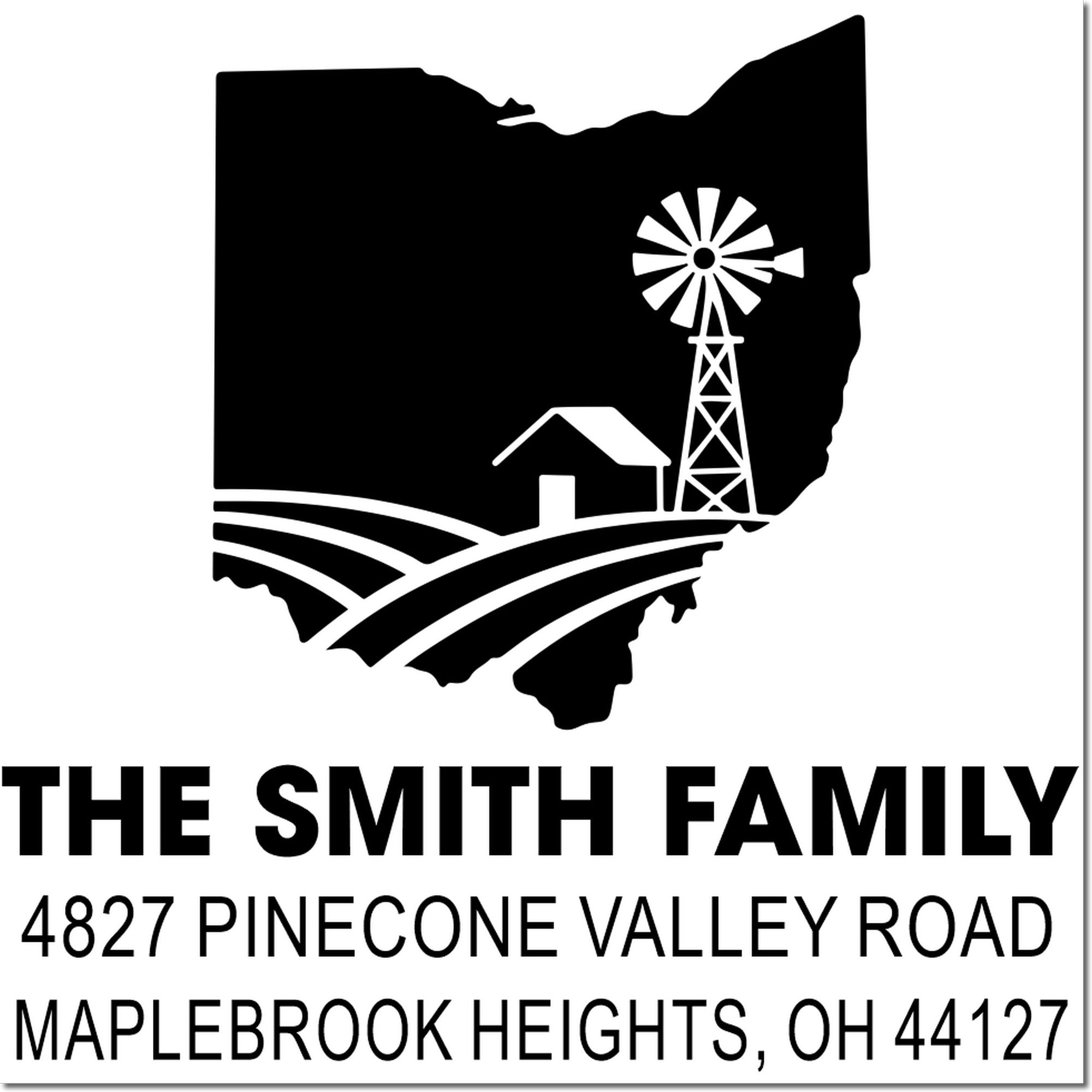 Custom Ohio farmhouse return address stamp for The Smith Family, with windmill design and Maplebrook Heights, OH address.
