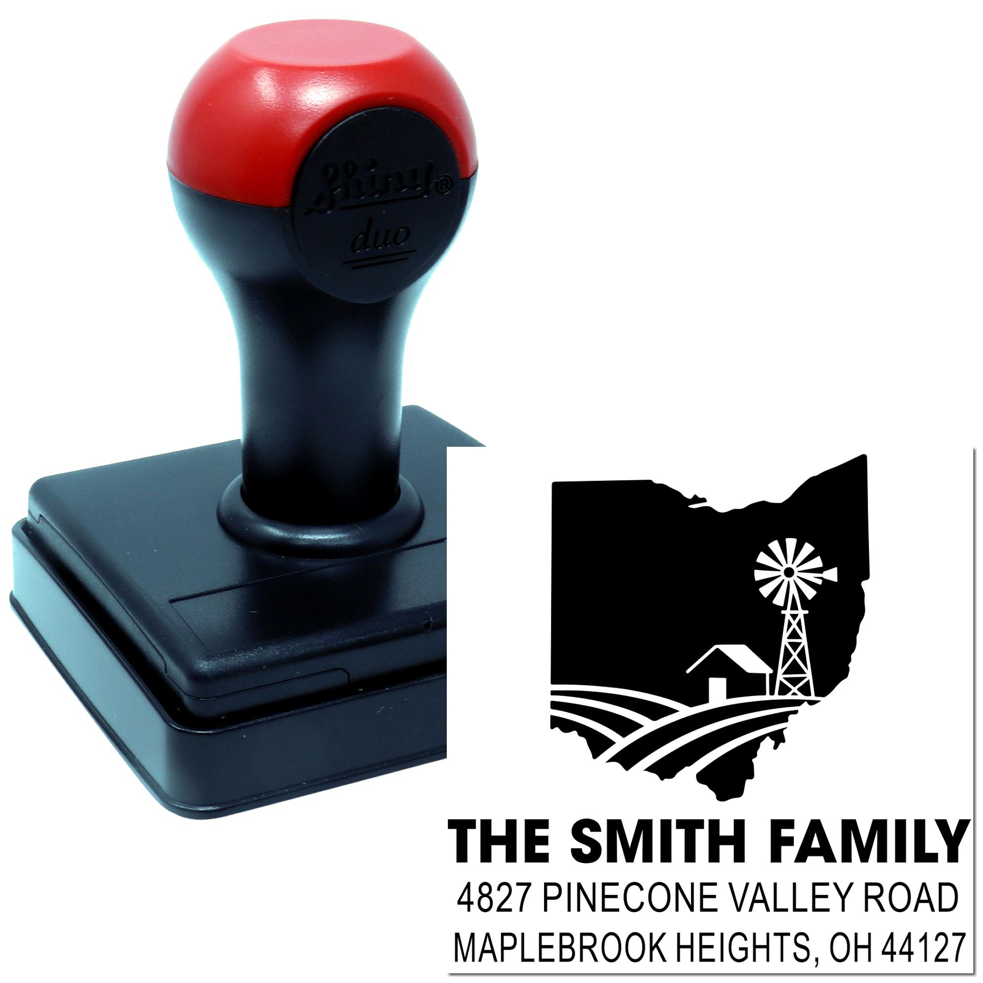 Custom self-inking return address rubber stamp with Ohio farm design for The Smith Family
