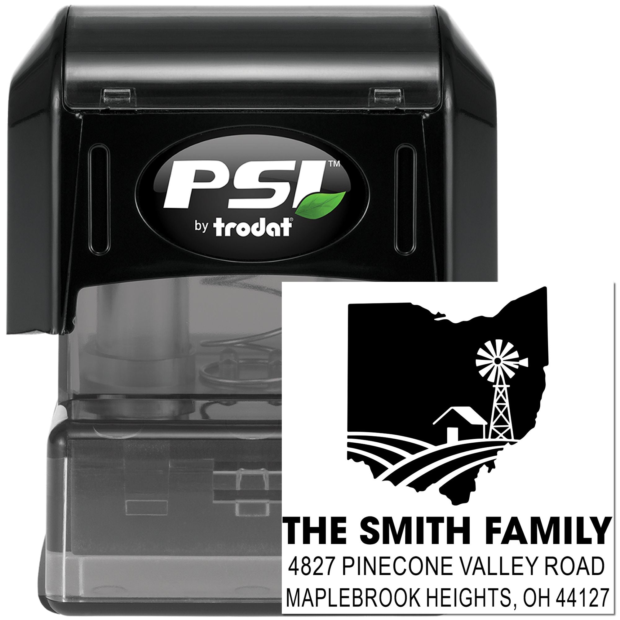 PSI by Trodat custom self-inking rubber stamp with Ohio farm logo and address for The Smith Family