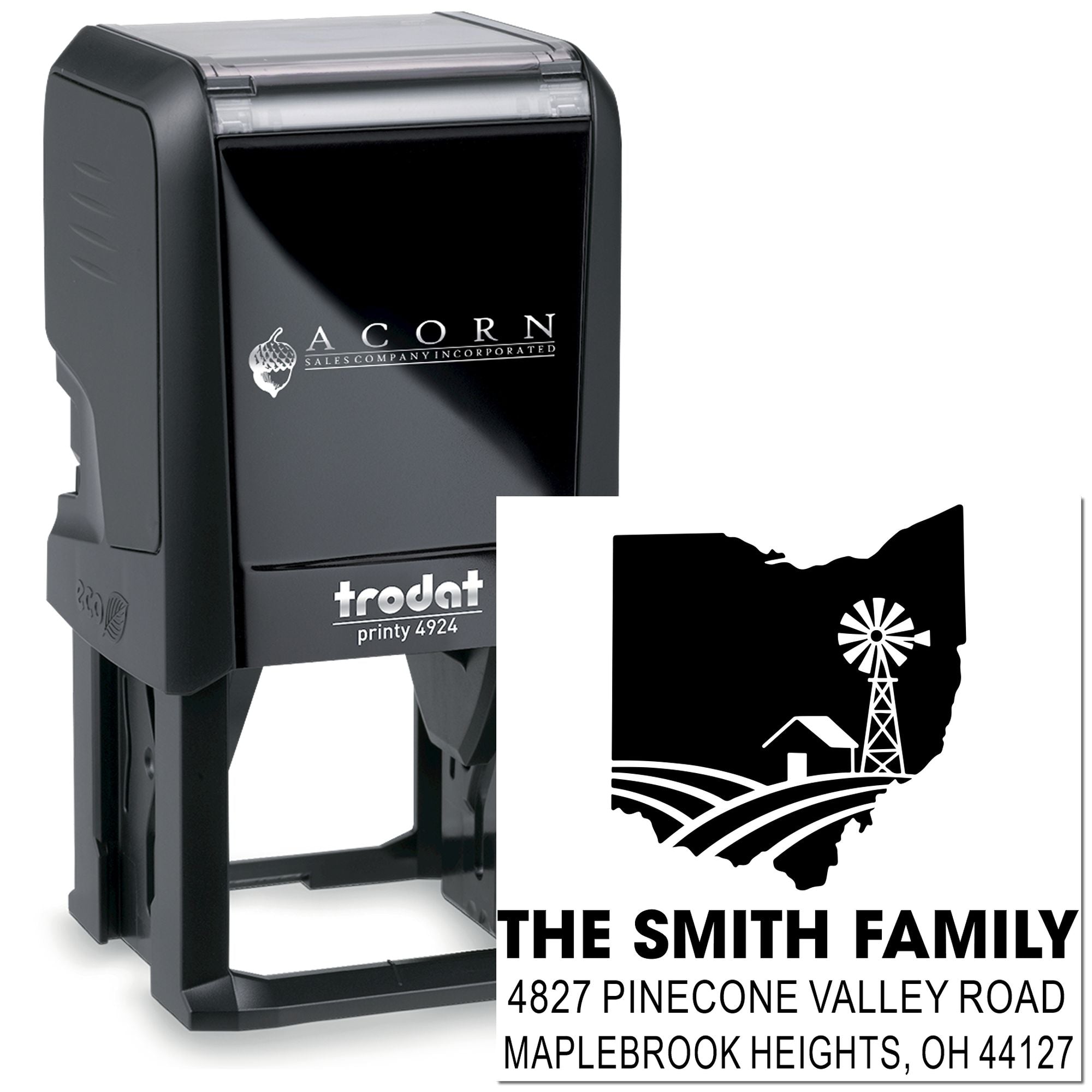 Custom self-inking address rubber stamp for The Smith Family with farm logo and Ohio mailing address.