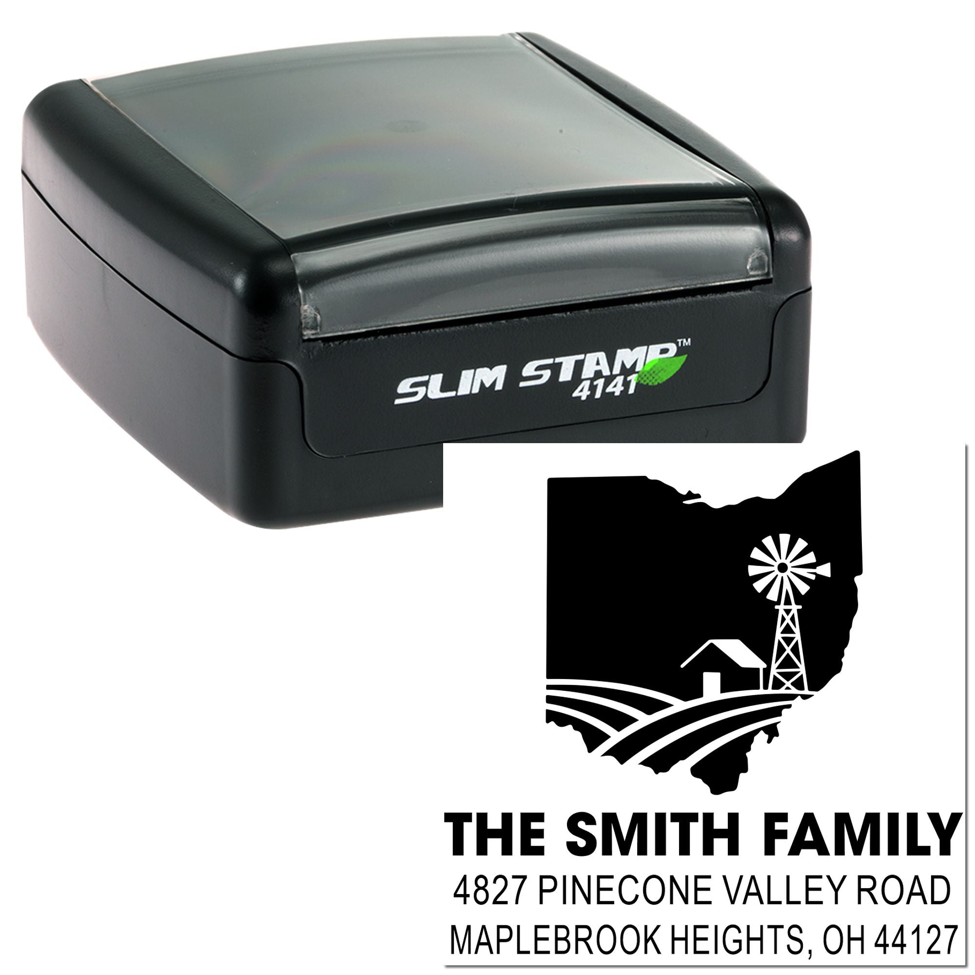 Custom self-inking address stamp, Slim Stamp 4141, with Ohio family name, farm windmill logo, and return address.
