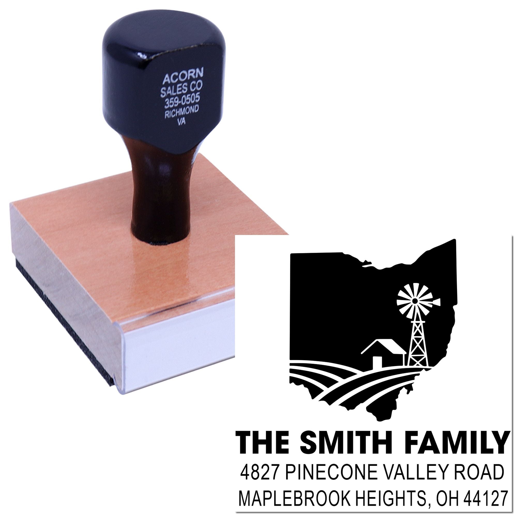 Custom rubber address stamp with Ohio farm design and family return address for envelopes and mailings