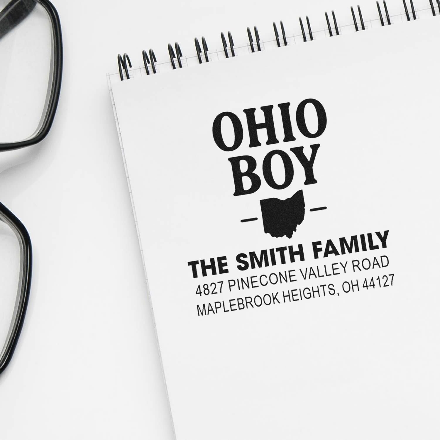 Custom Ohio Boy return address rubber stamp for The Smith Family, featuring Ohio silhouette and personalized mailing details.