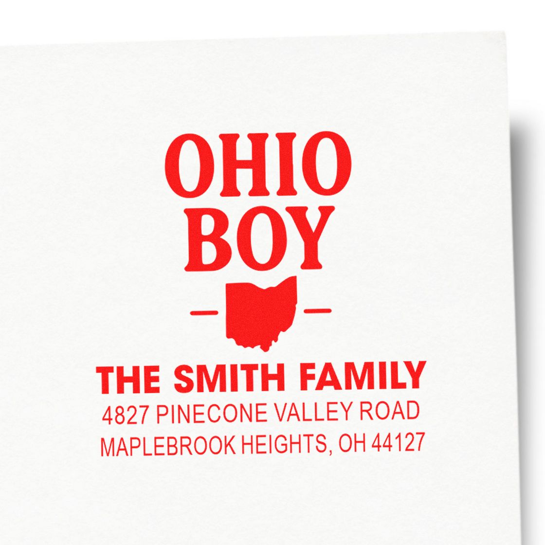 Custom Ohio Boy return address rubber stamp for The Smith Family, featuring Ohio silhouette and Maplebrook Heights address.