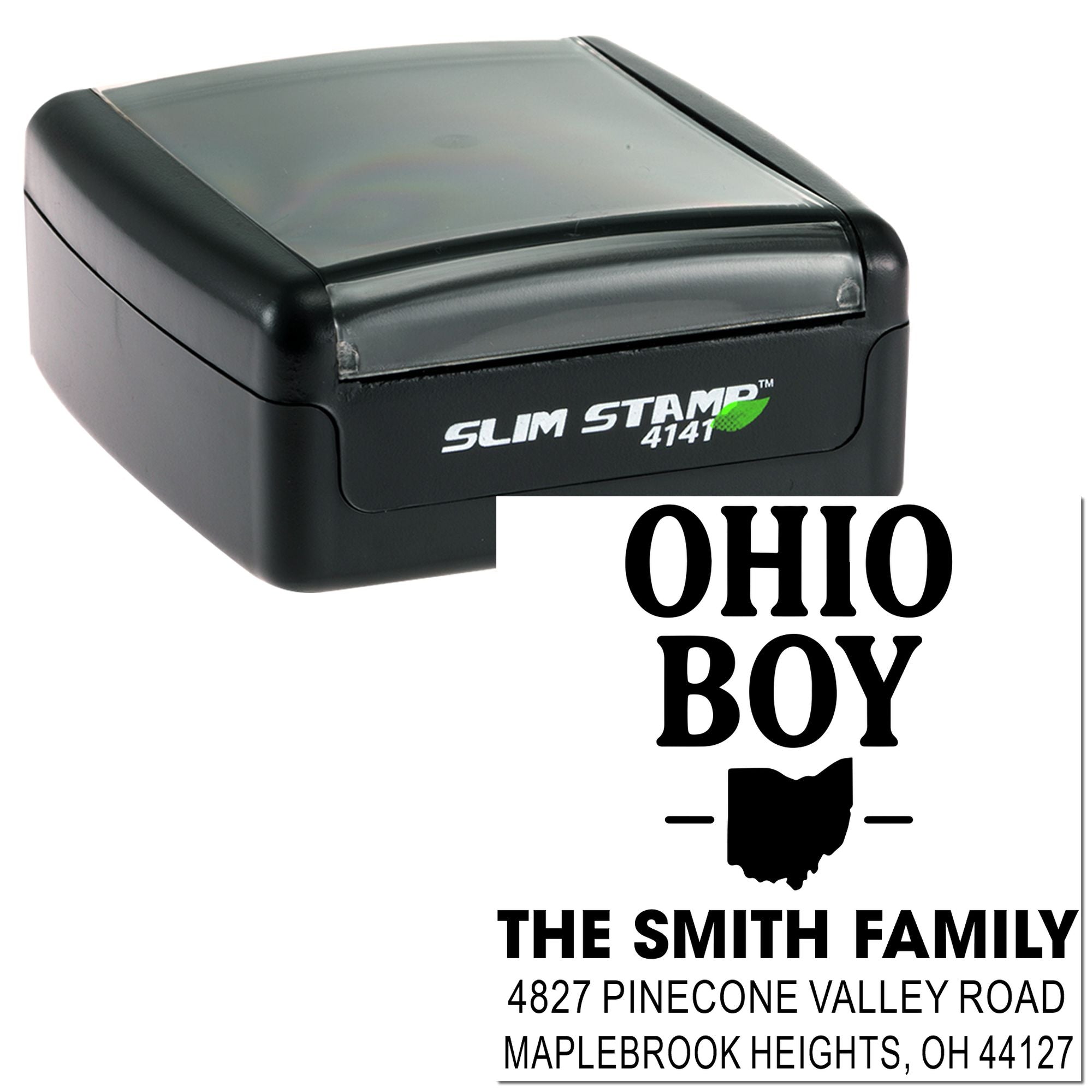 Ohio Boy custom self-inking return address rubber stamp featuring The Smith Family and Ohio home address