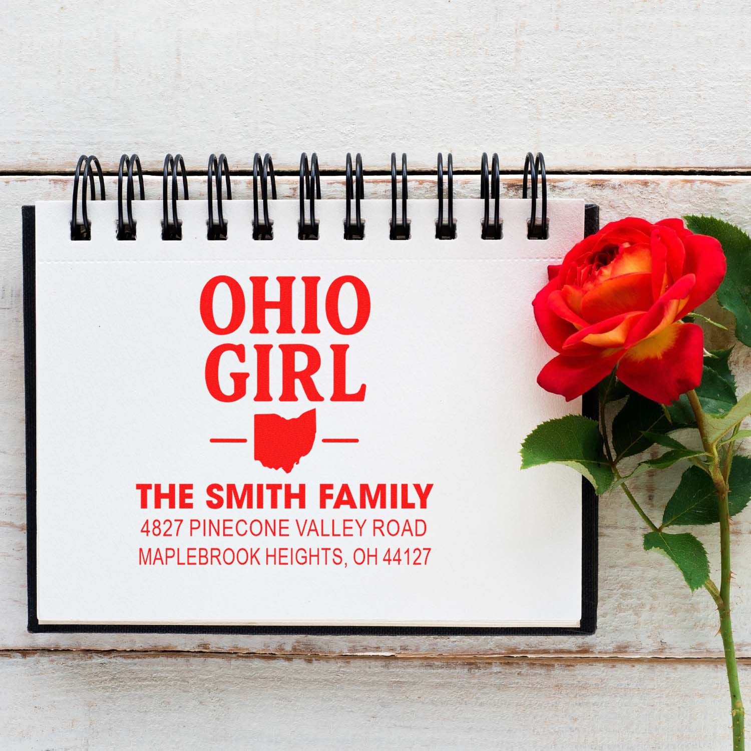 Personalized Ohio Girl address rubber stamp design with family name and home address for custom mailing labels.