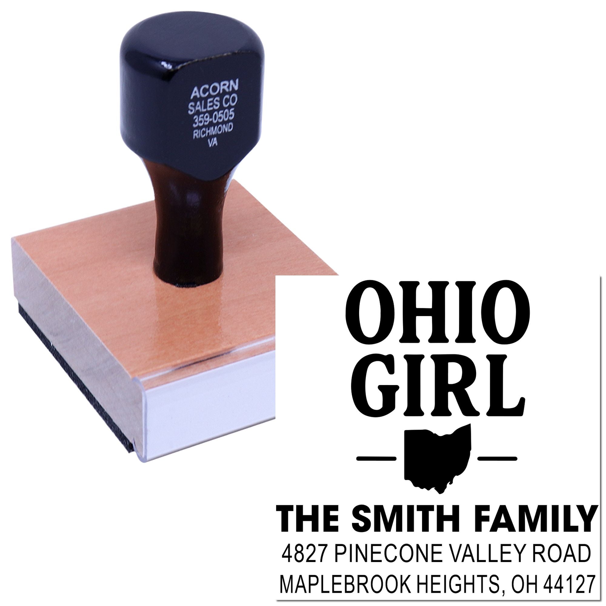 Custom Ohio Girl return address rubber stamp with Ohio state design for personalized mailing.