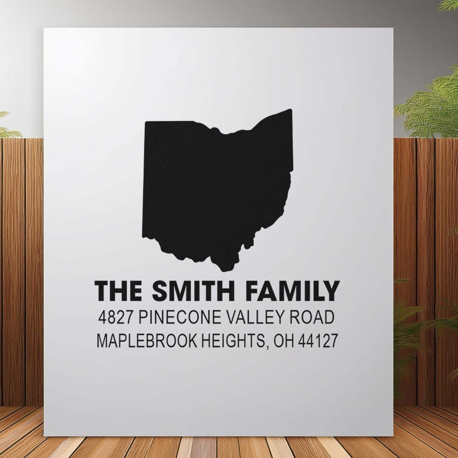 Personalized Ohio family return address rubber stamp with state silhouette and The Smith Family mailing address.