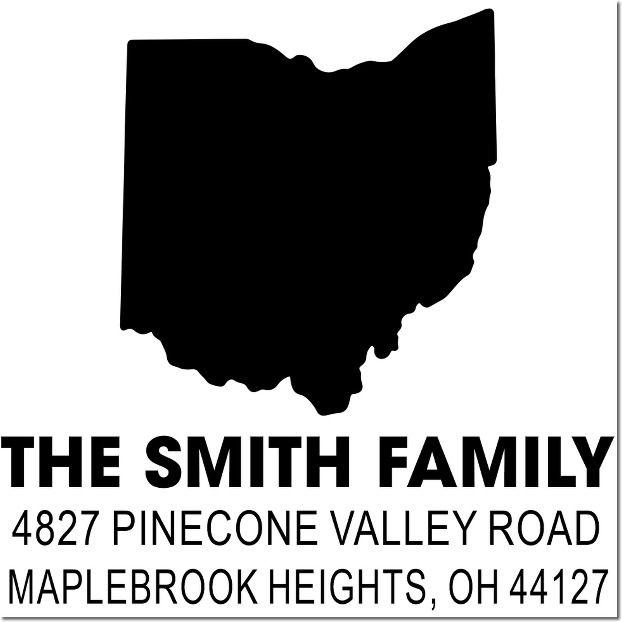 Ohio return address rubber stamp with state silhouette, custom family name, and personalized mailing address.
