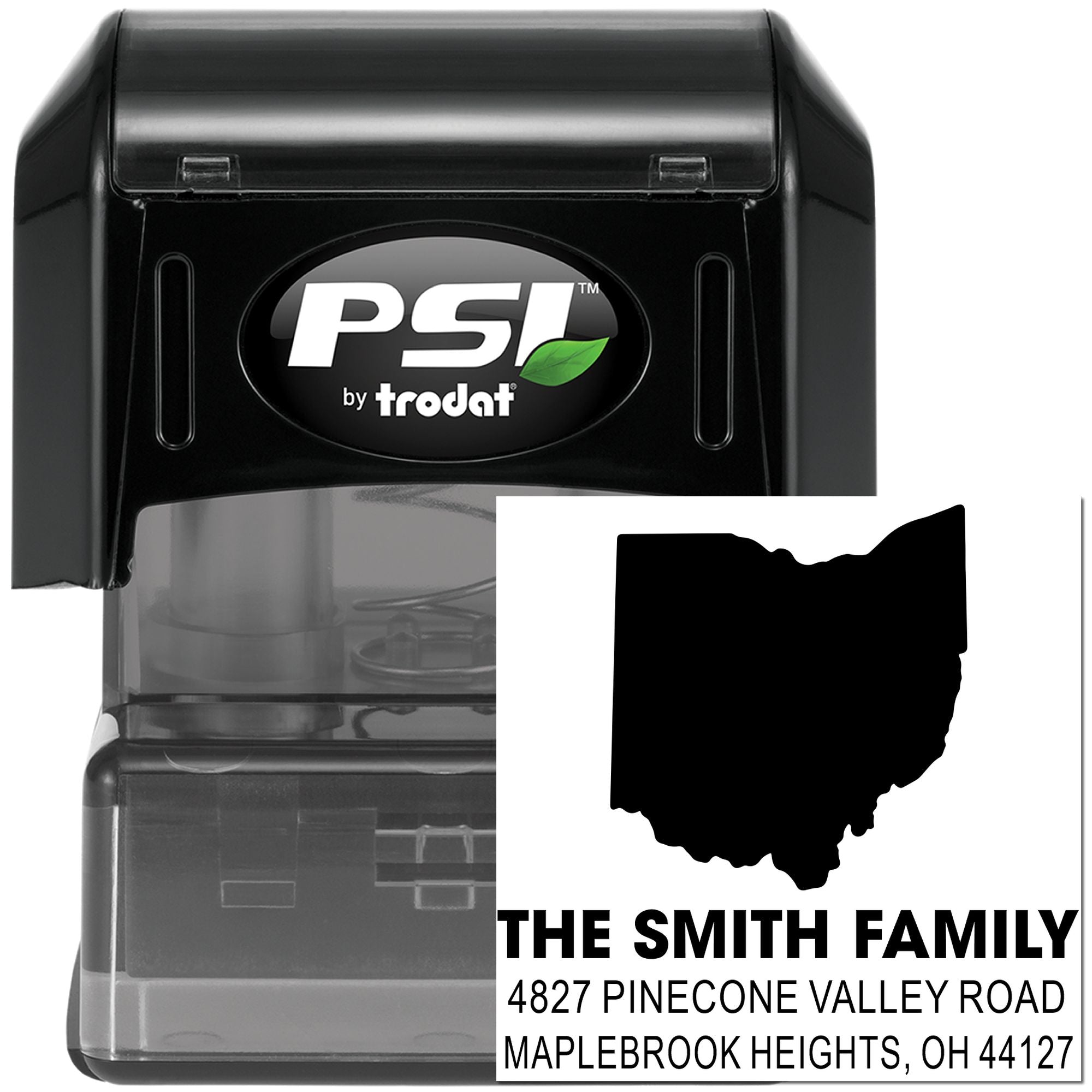 PSI by Trodat custom self-inking address stamp with Ohio state design and The Smith Family return address.