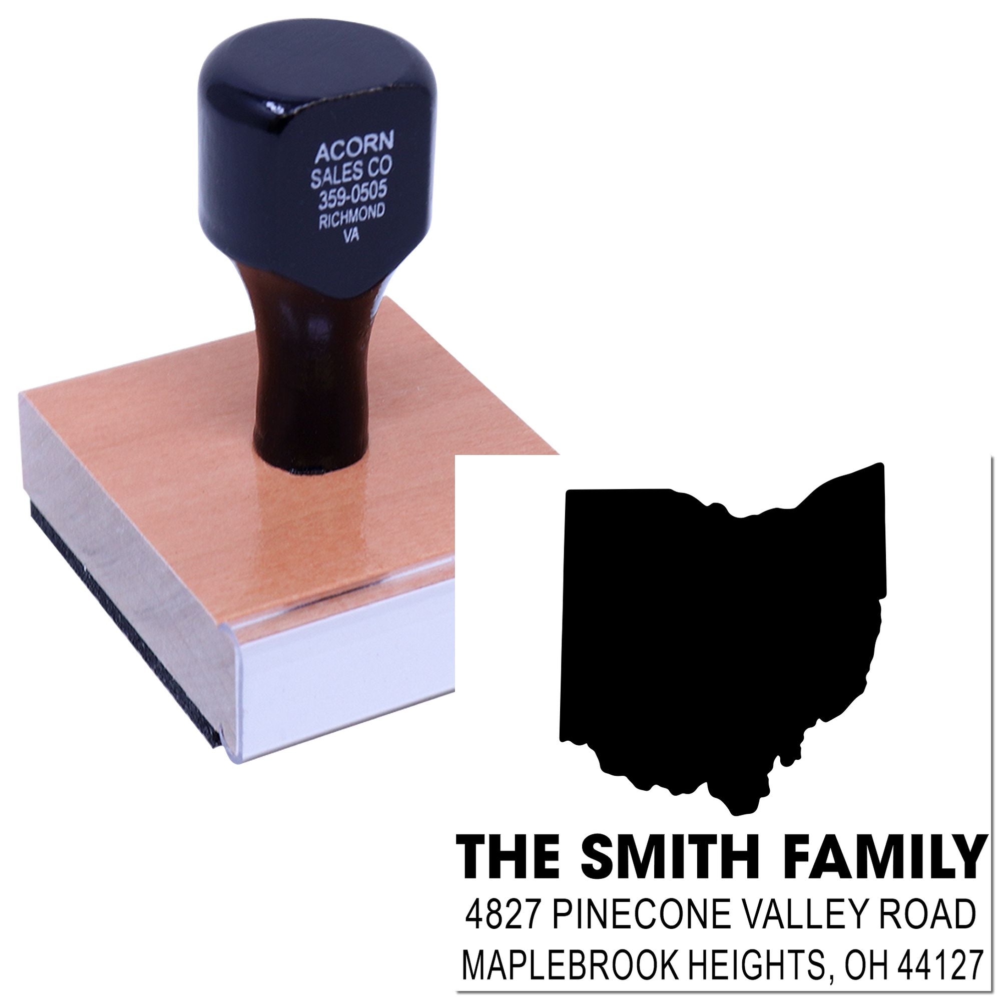Personalized self-inking rubber address stamp with Ohio silhouette for The Smith Family return address.
