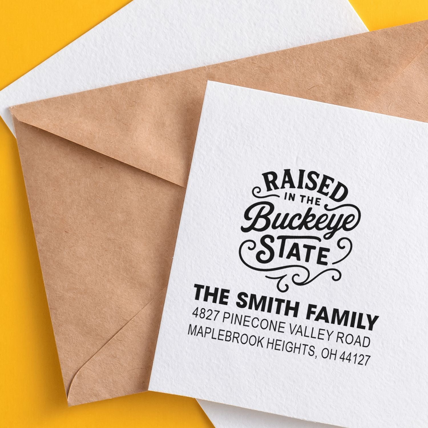 Personalized return address rubber stamp with Raised in the Buckeye State design for The Smith Family mailings.