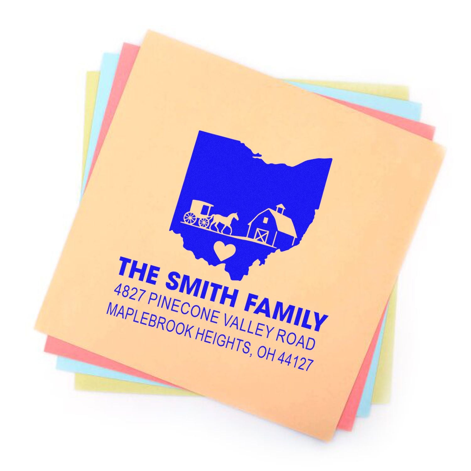 Personalized Ohio family address rubber stamp design with farm silhouette for mailing, stationery, and gift packaging.