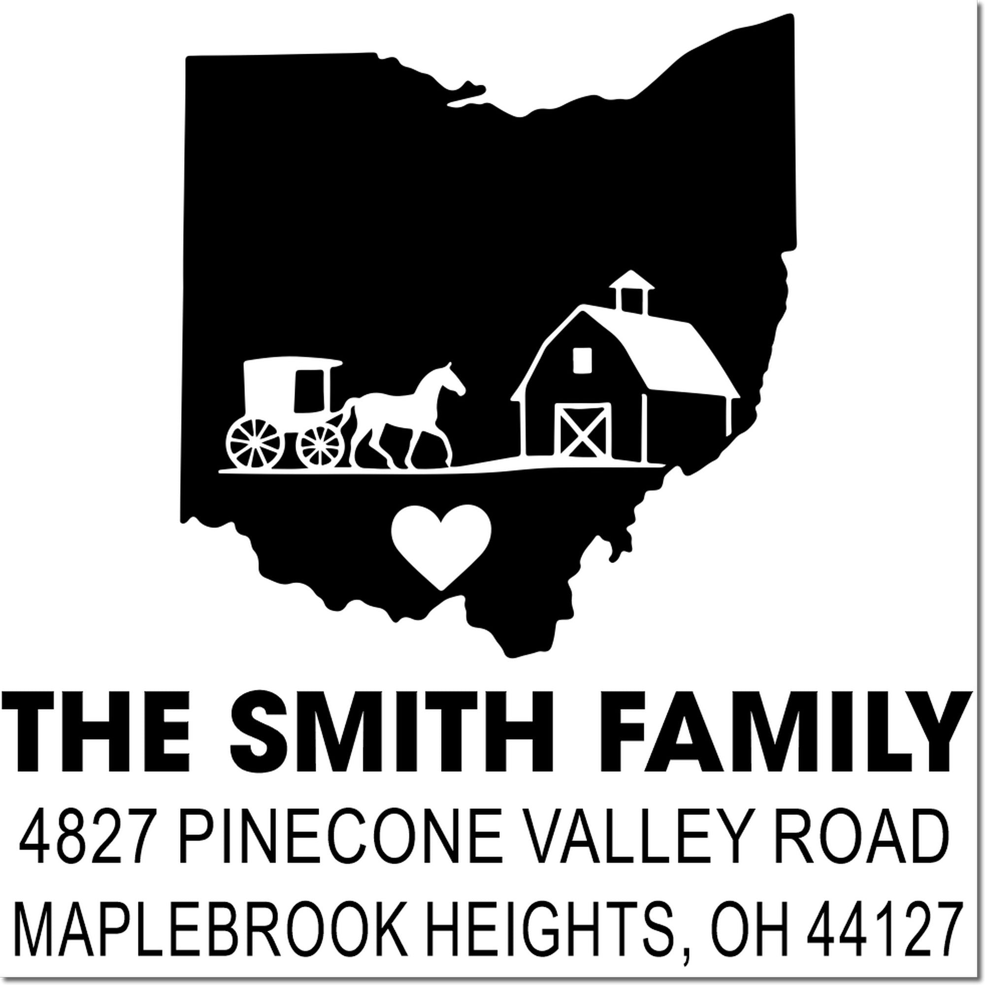 Custom Ohio address rubber stamp with state silhouette, barn, horse and buggy, and Smith family return address for Maplebrook Heights.
