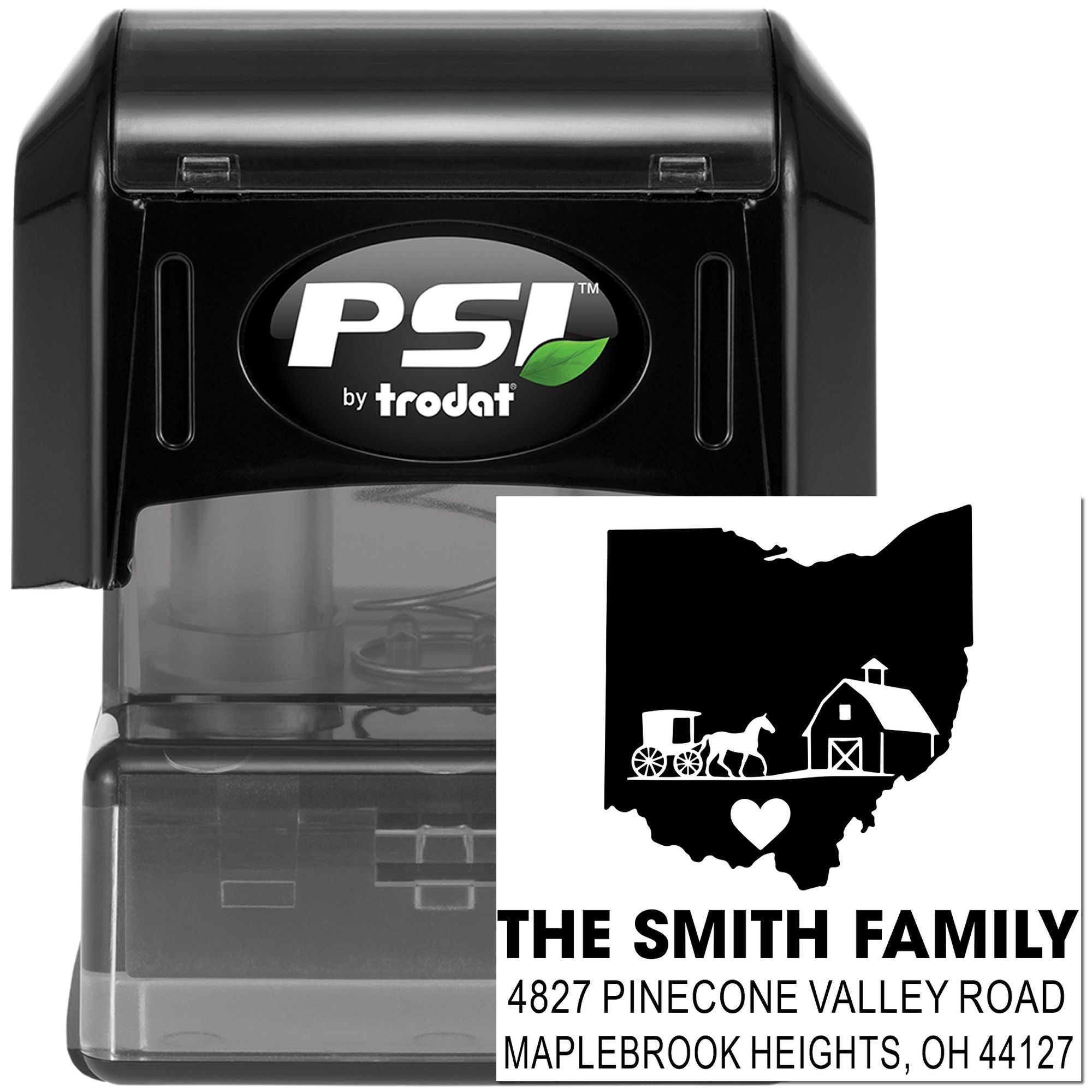 PSI by Trodat self-inking custom return address rubber stamp with Ohio farm family design and address imprint.