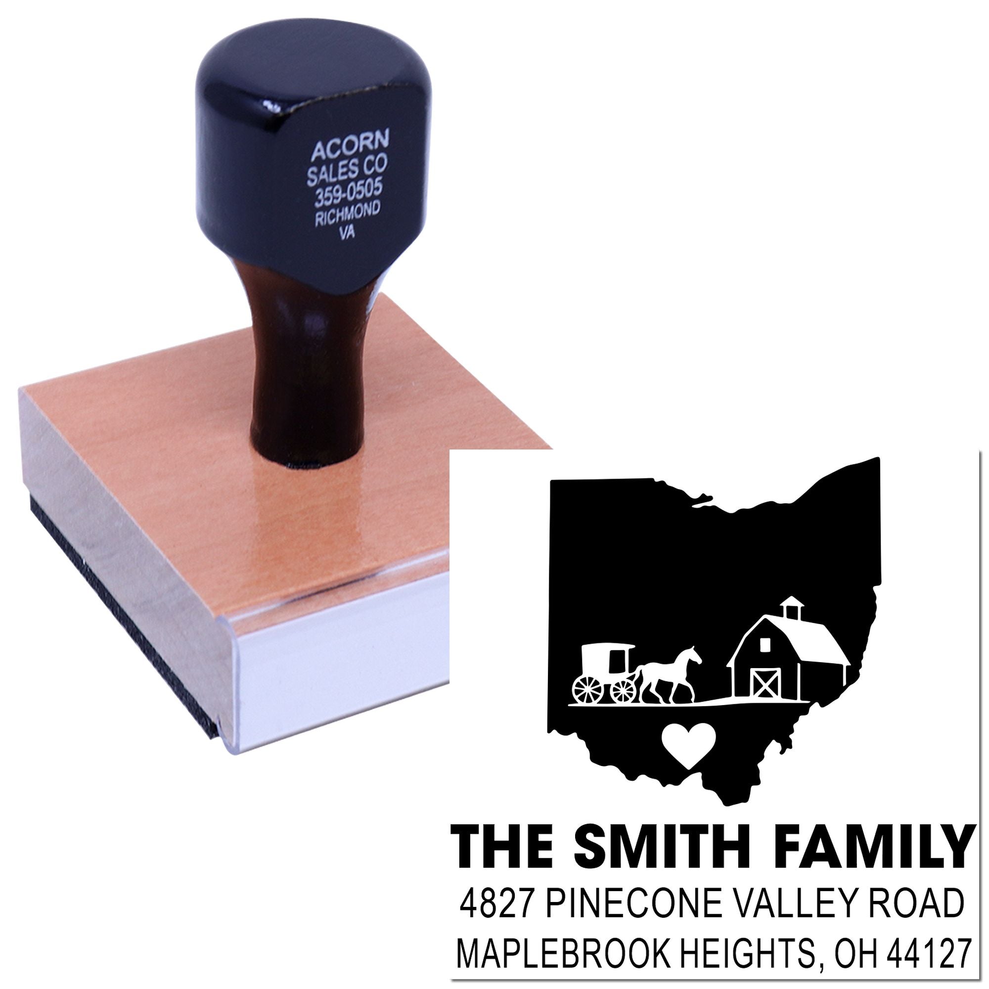Custom rubber address stamp with Ohio farm silhouette and The Smith Family return address design for personalized mailing.