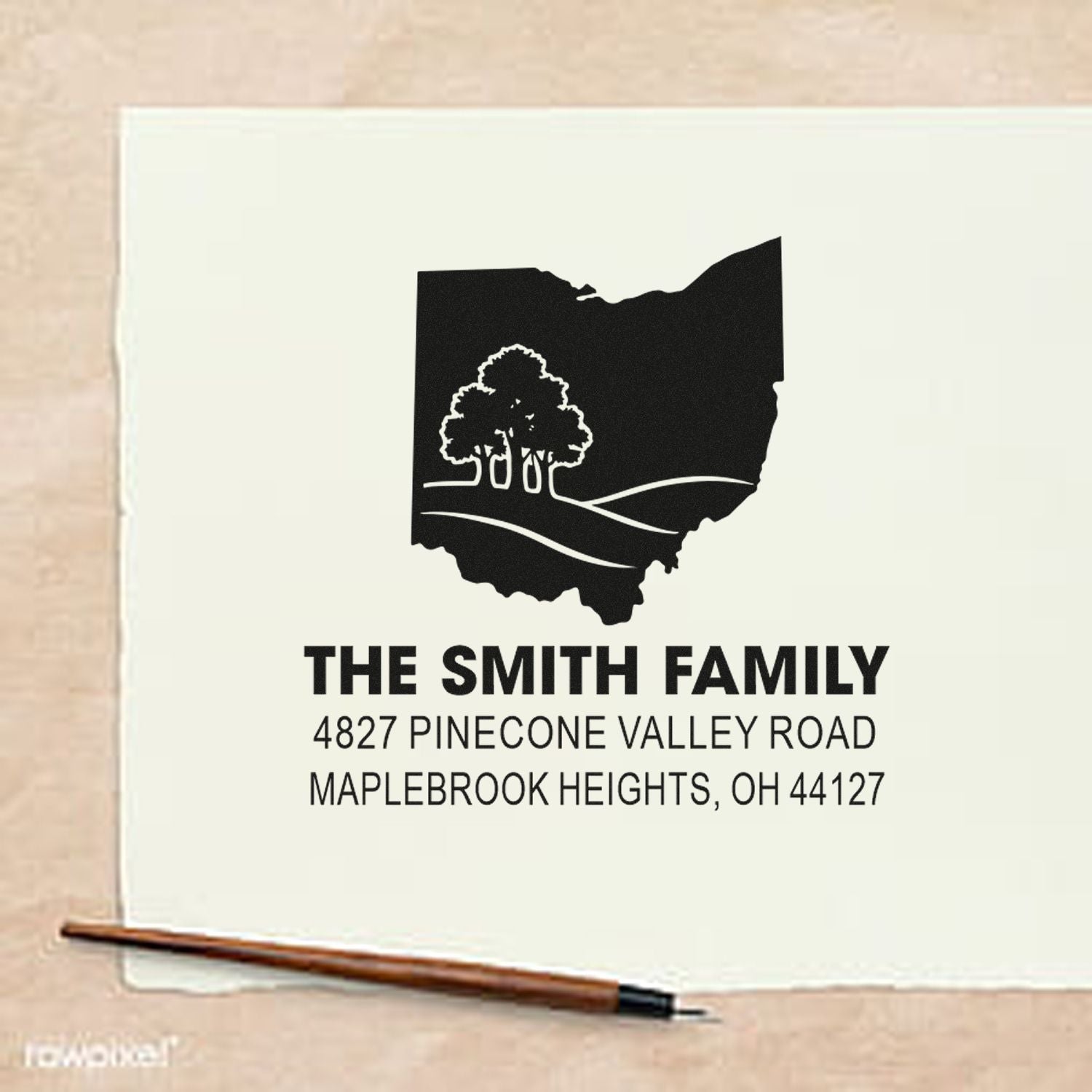 Custom Ohio family address rubber stamp with tree design for The Smith Family return mail imprint