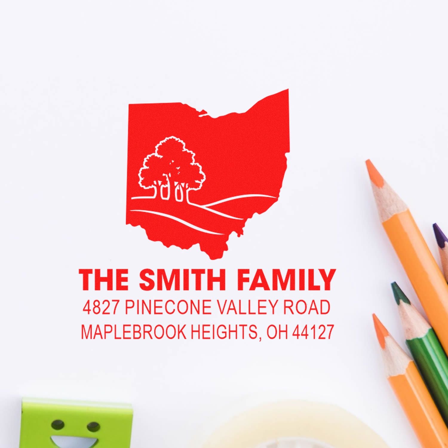Custom personalized return address rubber stamp with Ohio tree design, The Smith Family, Maplebrook Heights, OH 44127.