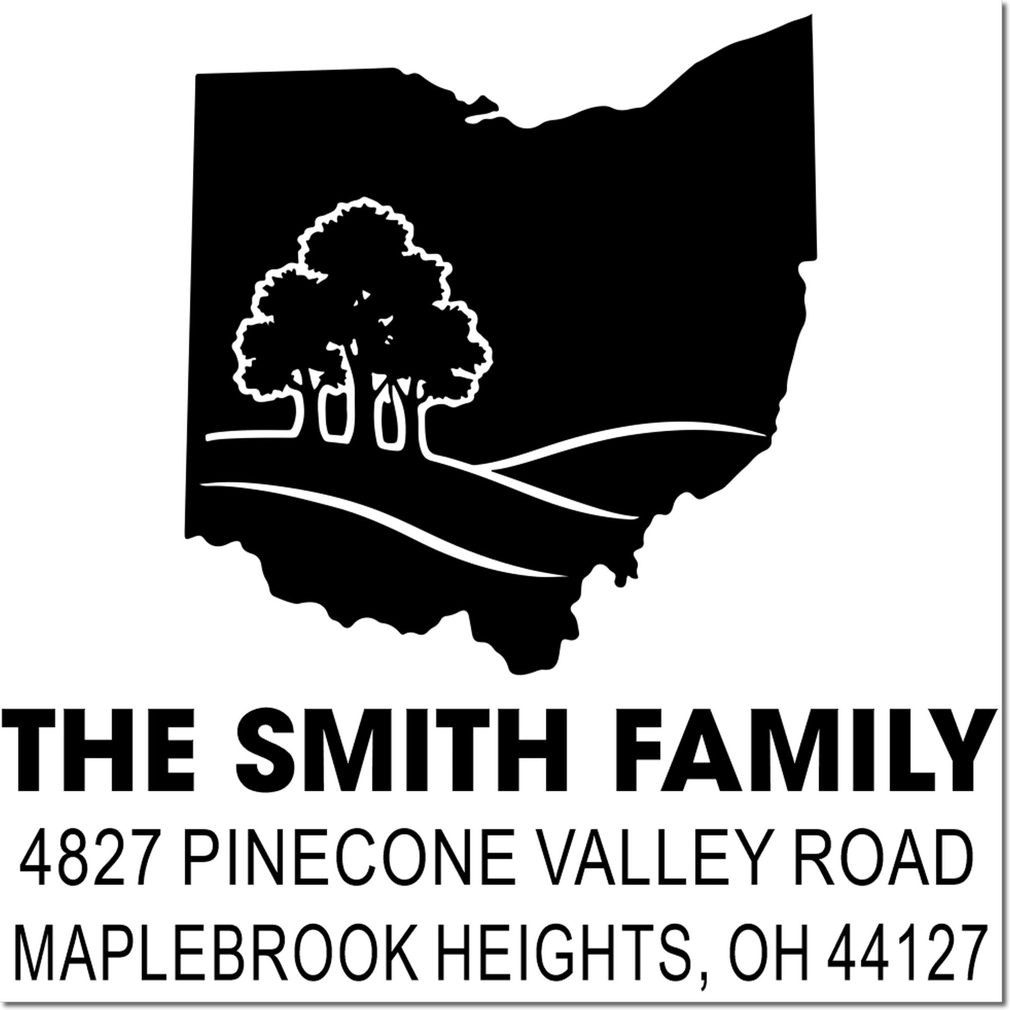 Custom Ohio return address rubber stamp with tree logo for The Smith Family, 4827 Pinecone Valley Road, Maplebrook Heights, OH 44127