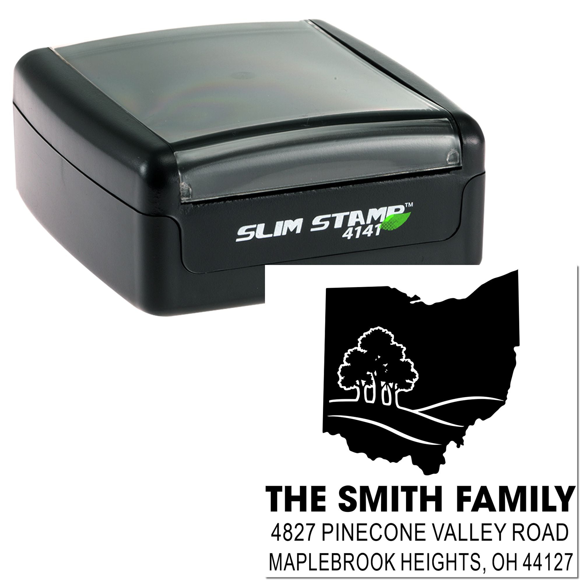 Custom Ohio return address rubber stamp with tree design and Slim Stamp 4141 case for personalized mailing.