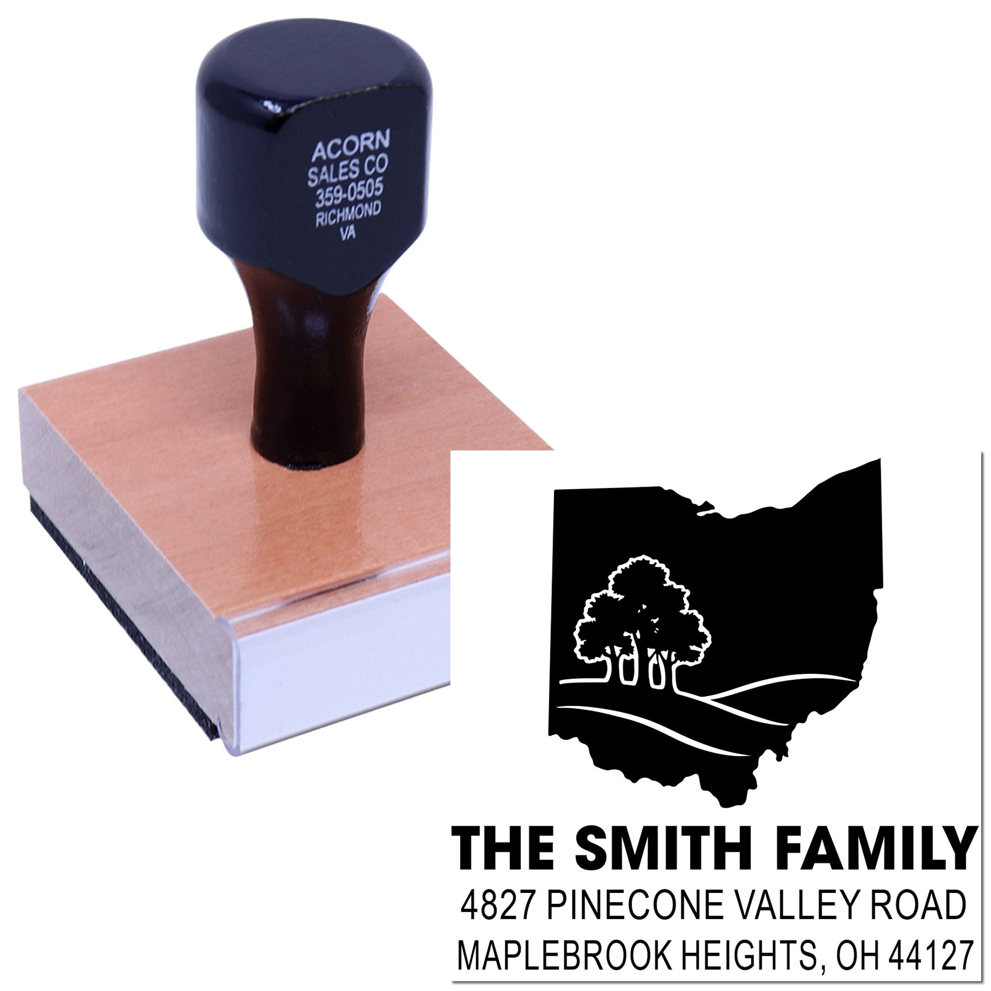 Personalized family return address rubber stamp with Ohio logo for envelopes and mailings.