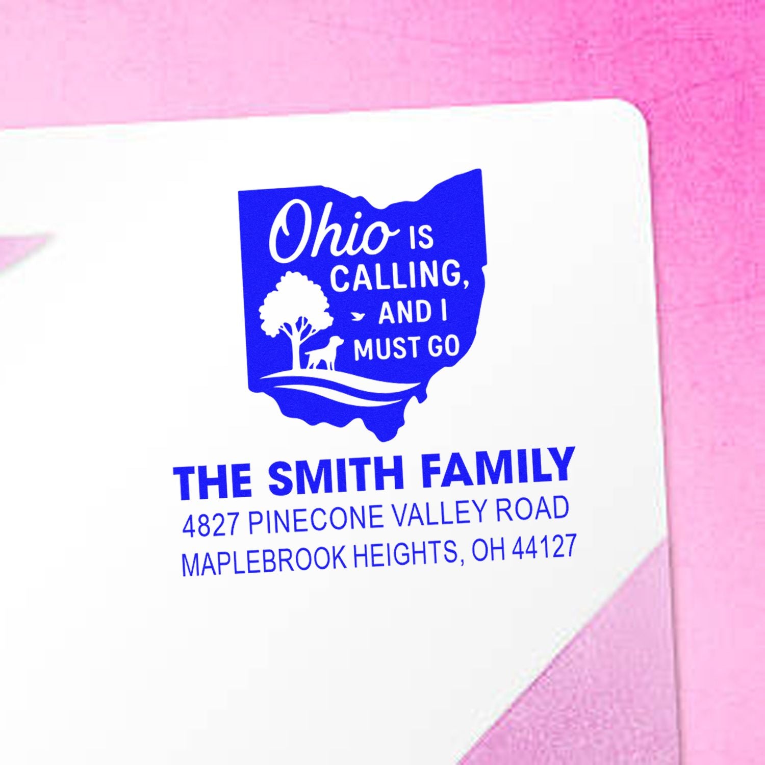 Custom Ohio rubber address stamp for The Smith Family with Ohio is calling state design