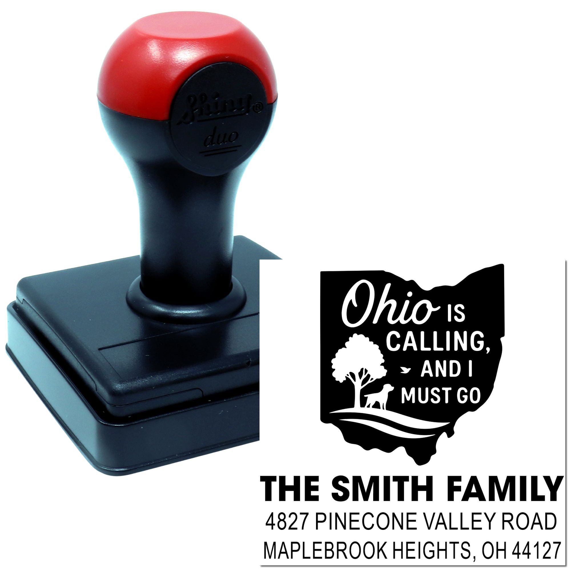 Custom Ohio return address rubber stamp with family name, address, and Ohio is calling state design for mailing envelopes.