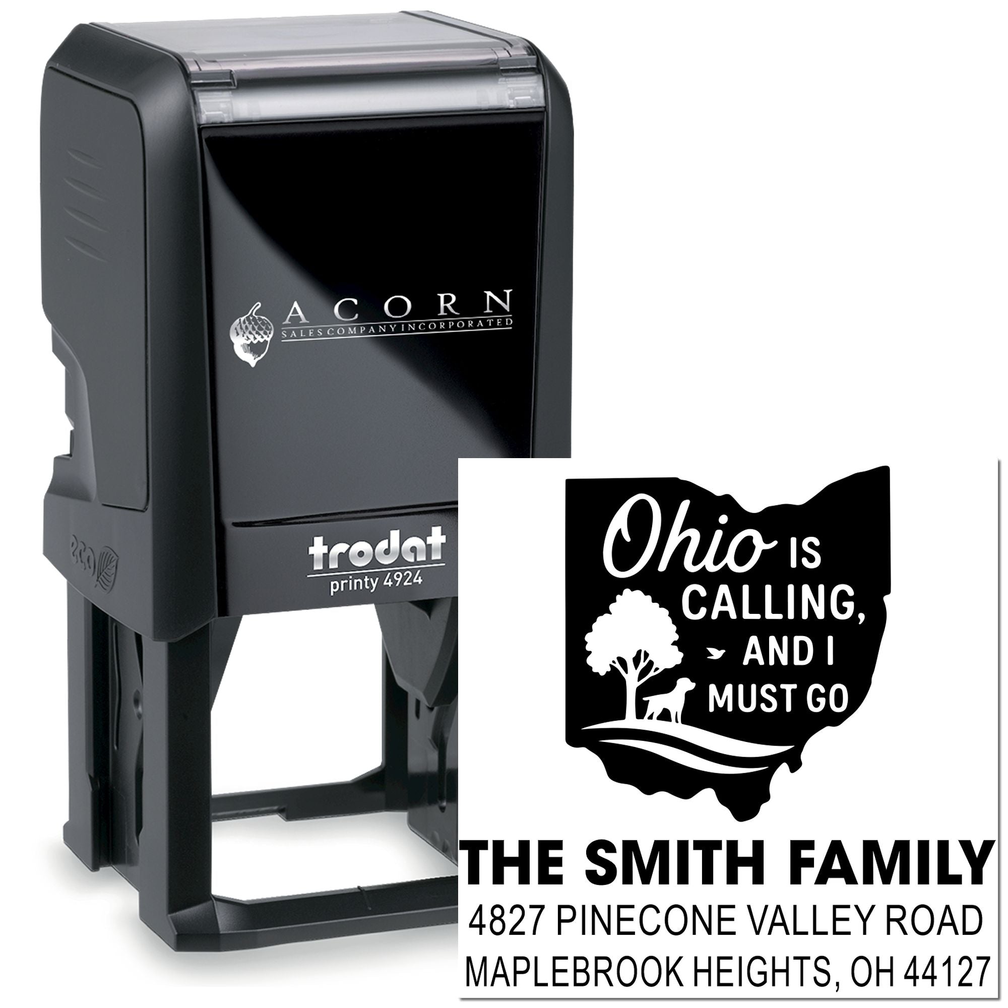 Custom self-inking rubber stamp with Ohio state design and family address for personalized mail and home use.