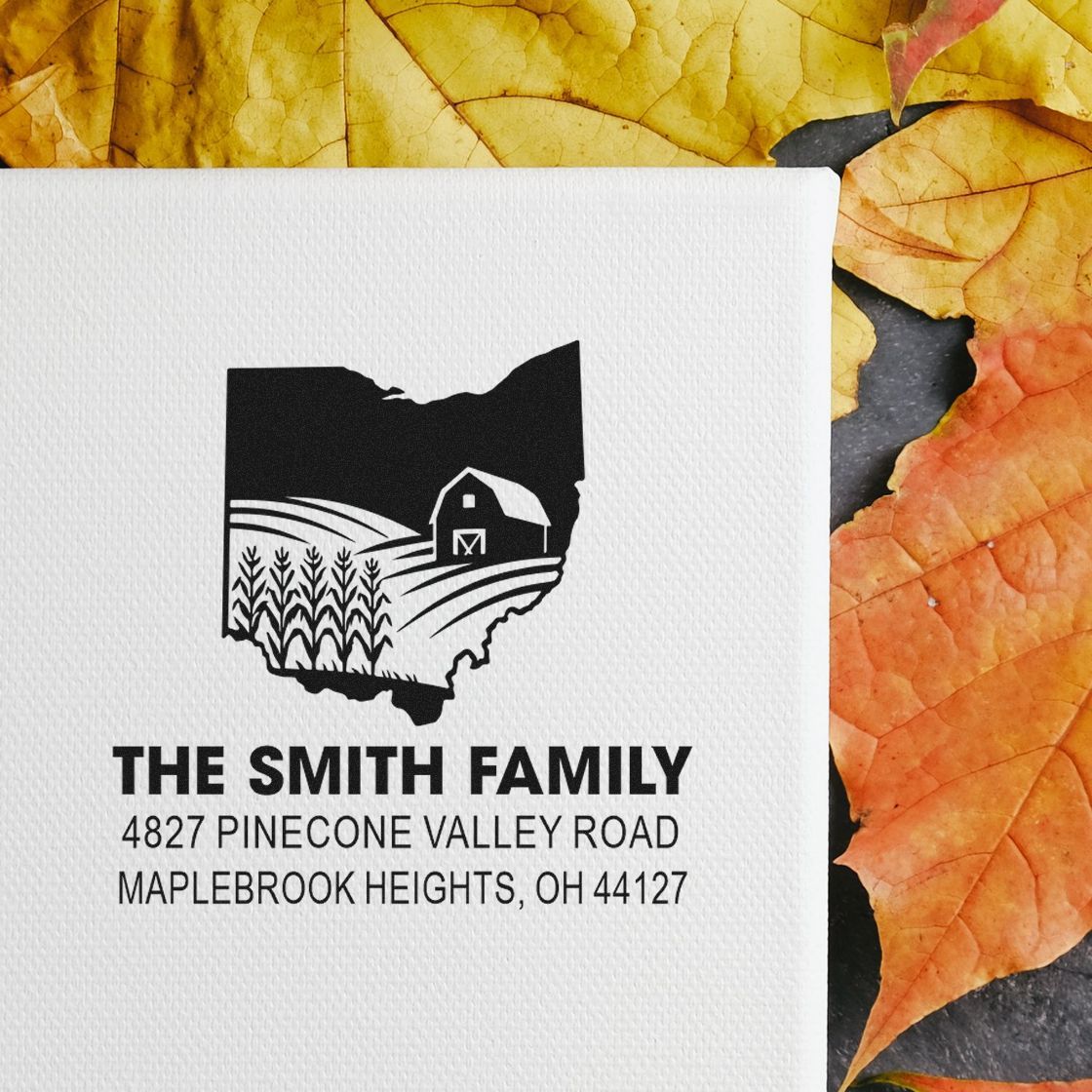 Custom address rubber stamp with Ohio farm design for The Smith Family return address, personalized envelopes, and holiday cards.