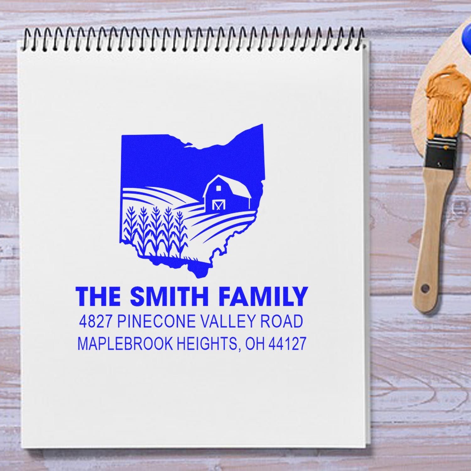 Custom Ohio return address rubber stamp for The Smith Family, featuring farm design and Maplebrook Heights, OH address.