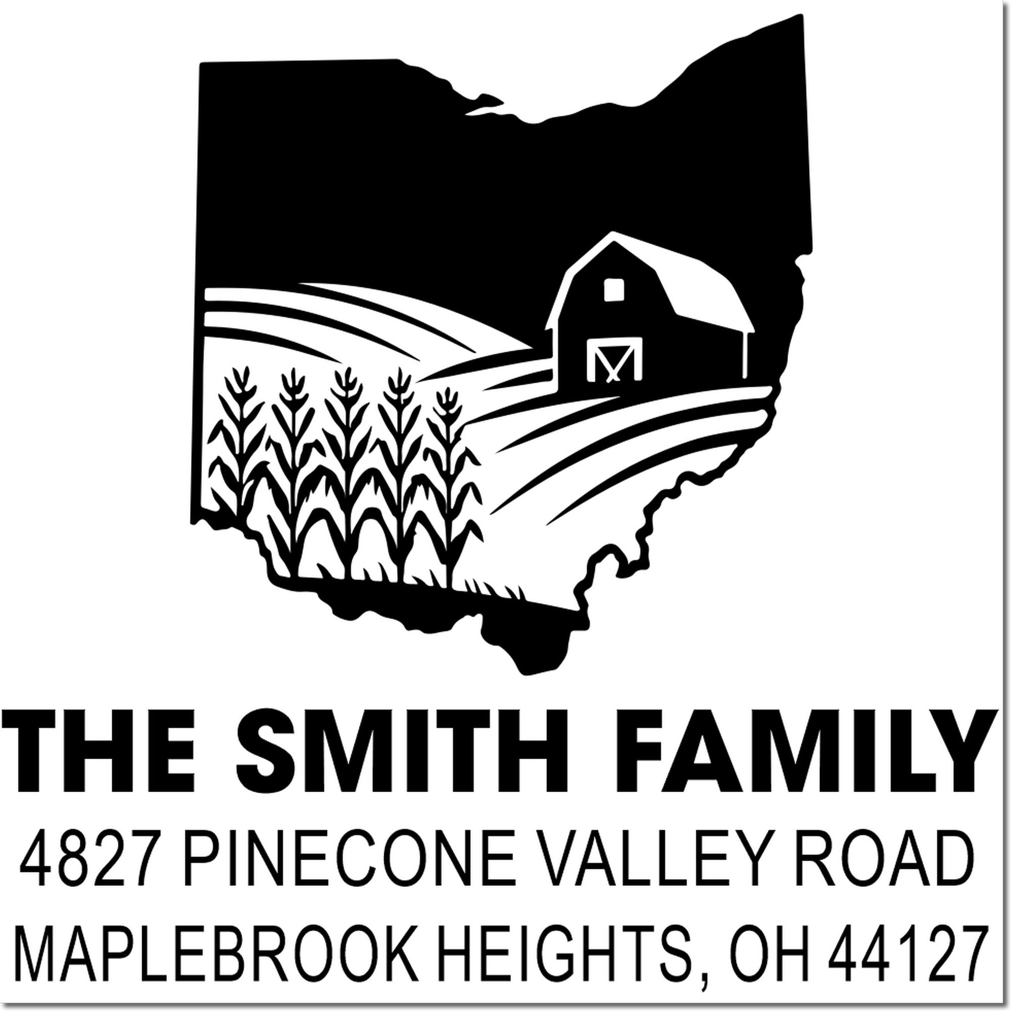 Custom Ohio farm return address rubber stamp with barn and crops for The Smith Family, 4827 Pinecone Valley Road, Maplebrook Heights, OH 44127